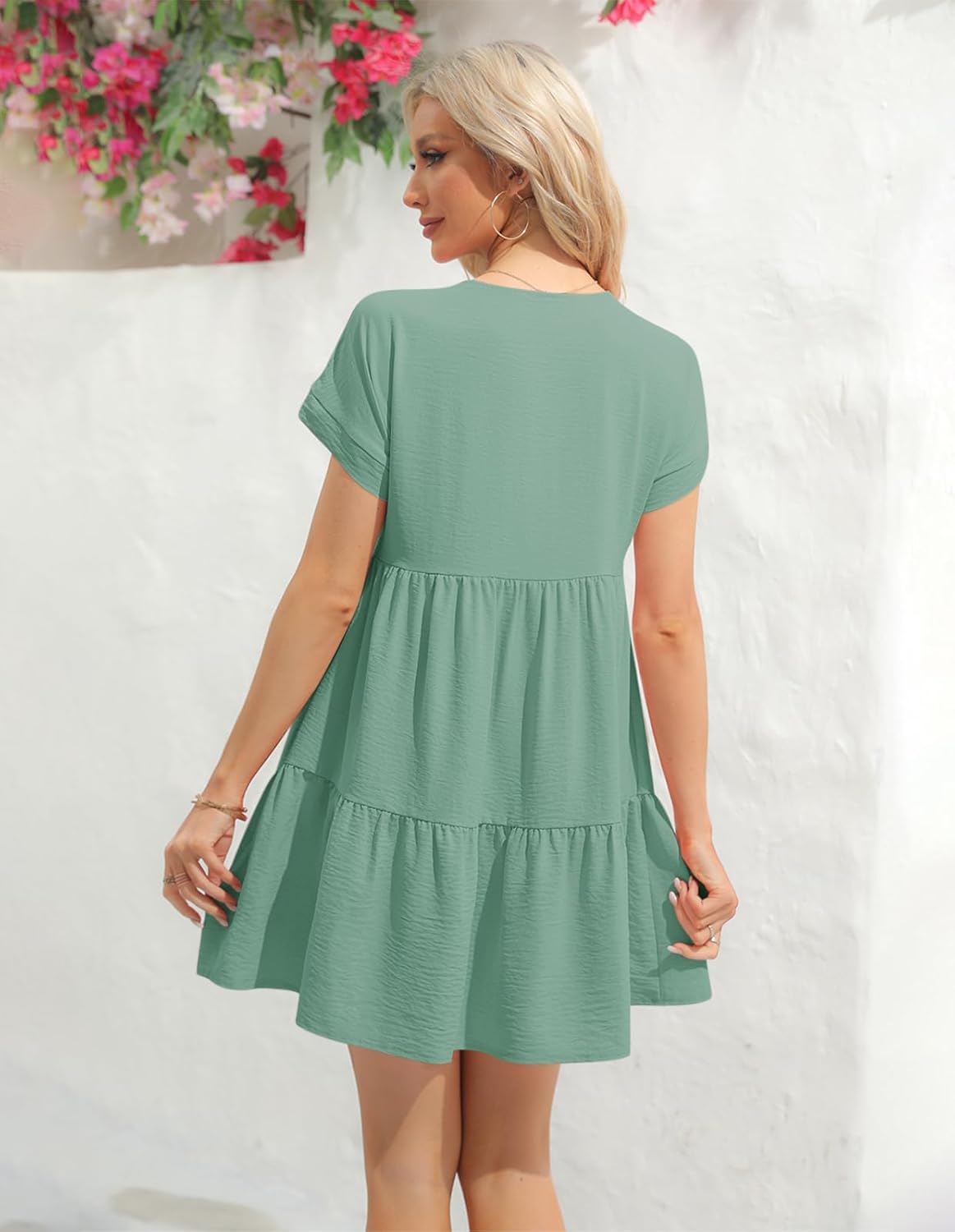 Lueluoye Women V Neck Flowy Babydoll Dresses 2025 Summer Short Sleeve Swing Shift Loose Casual Summer Mini Tunic Dress - Image 4