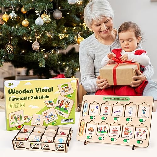 Image of Dreamon Wooden Visual Schedule for Kids Chore Chart, Morning Bedtime Routine Charts for Kids Toddlers, autism learning materials&Daily Schedule Board for home