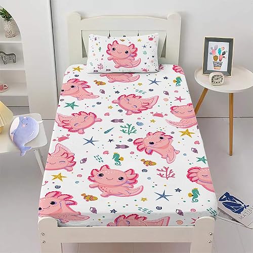 Juego de Sábanas de Cama Individual para Niñas con Diseño de Axolotl Rosa - Ropa de Cama 3D Kawaii de Océano - Juego de Sábanas de Microfibra Super