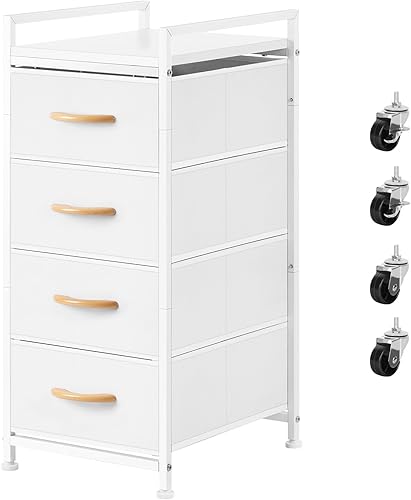 Miniatura 8 de Cómoda de tela para dormitorio, 4 cajones con tablero de madera, organizador de almacenamiento vertical con ruedas, cajoneras para armario, sala de