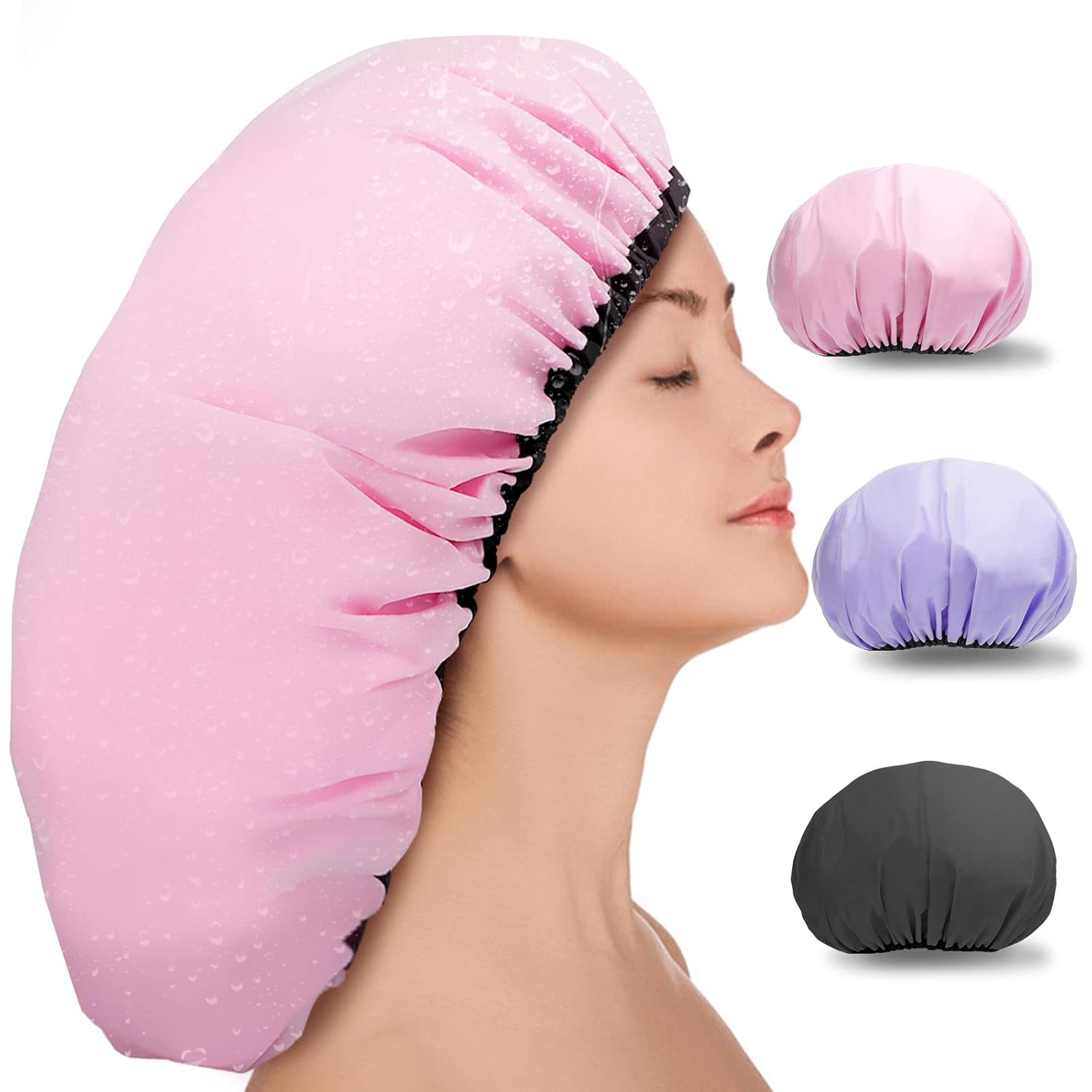3 Pcs 16.5" Super Extra Large Shower Cap - Reusable Dual Waterproof for Women, Jumbo Satin Lined for Braids & Long Hair, XXL Adjustable for Locs Dreadlocks Music (2X-Large-16.5" Pink+Purple+Black) Thumbnail