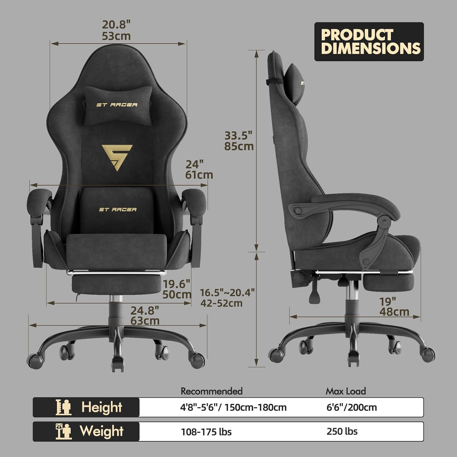 Ferghana Velvet Fabric Ergonomic Gaming Chair with Footrest and Massage, High Back Reclining Computer Gamer Chair for Adult, Racing Style PC Video Game Chair Suitable for Home Office (Black)