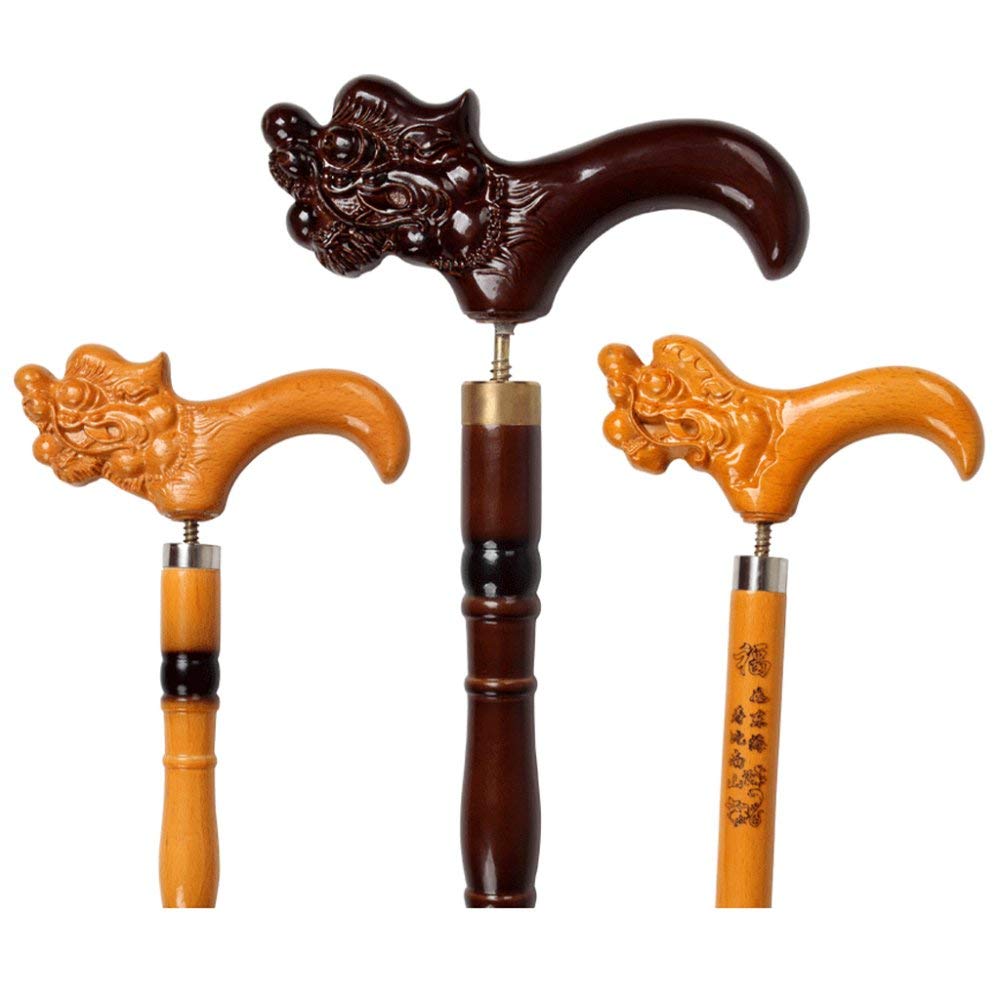 Bastón de Madera Bastón Antideslizante Grabado de Madera Maciza Mango de Grifo Bastón Muletas para Ancianos Cesta para Caminar para Ancianos/Rojo