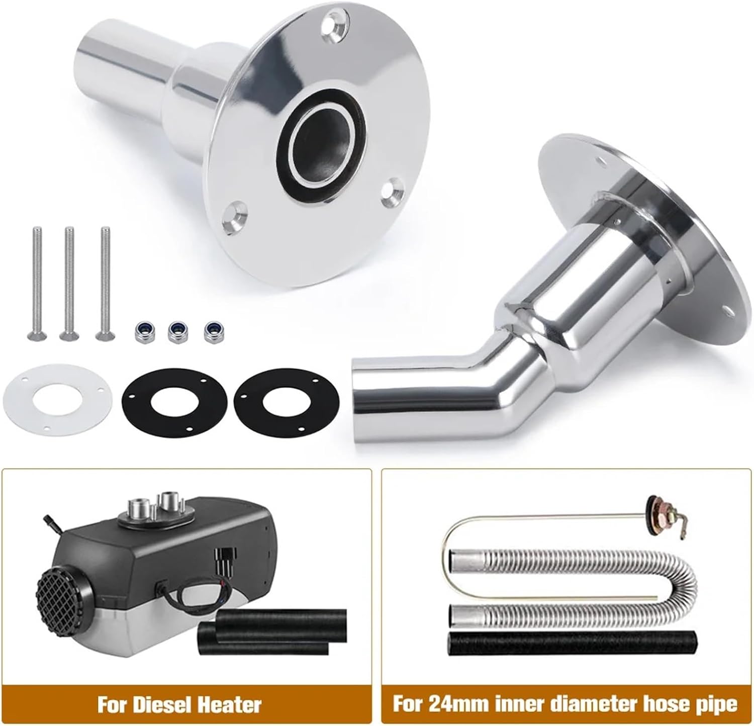Thru Hull Fitting Stainless Steel Thru Hull Exhaust Skin Fitting Tube Pipe Socket Hardware Part of Air Diesel Heater For Boats(Angled)