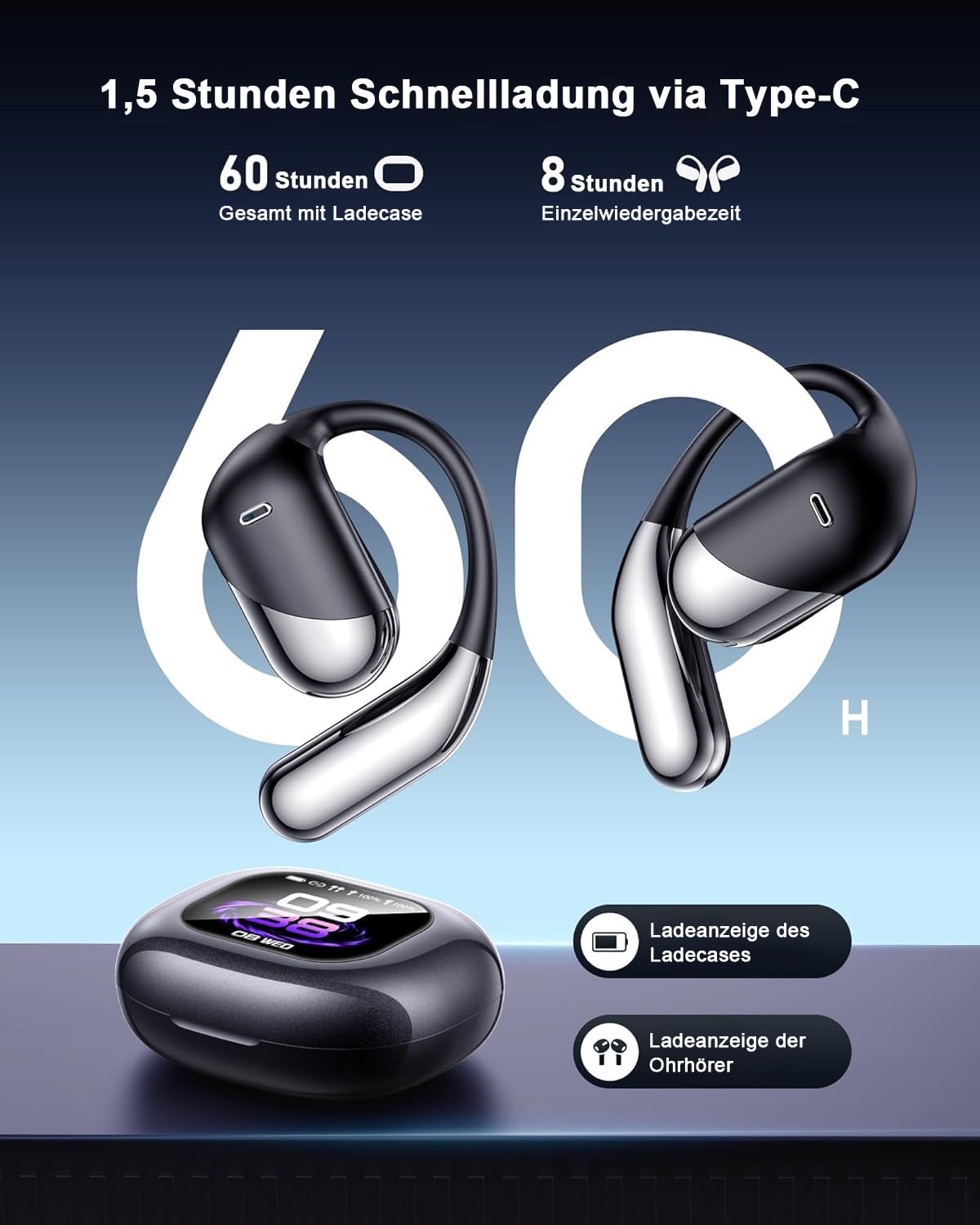 KI Übersetzer Kopfhörer 188 Sprachen, 4-in-1 Bluetooth 6.1 Übersetzungskopfhörer in Echtzeit, OWS Open Ear Sprachübersetzer Kopfhörer mit LCD-Touchscreen für Geschäft, Reisen und Studium, Schwarz