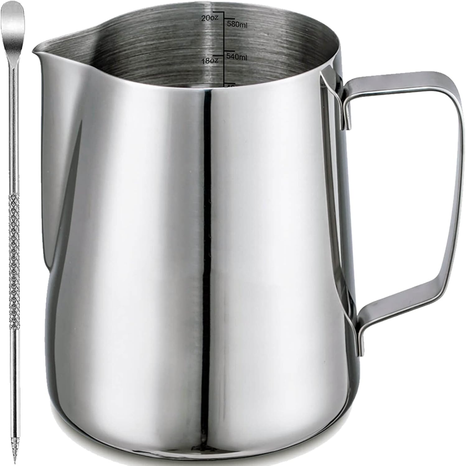 Milk Jug 600 ml / 20 oz Stainless Steel 304 with Measuring Scale Milk Jug Including Latte Art Pen Barista Accessories for Cappuccino and Latte Rustproof Silver