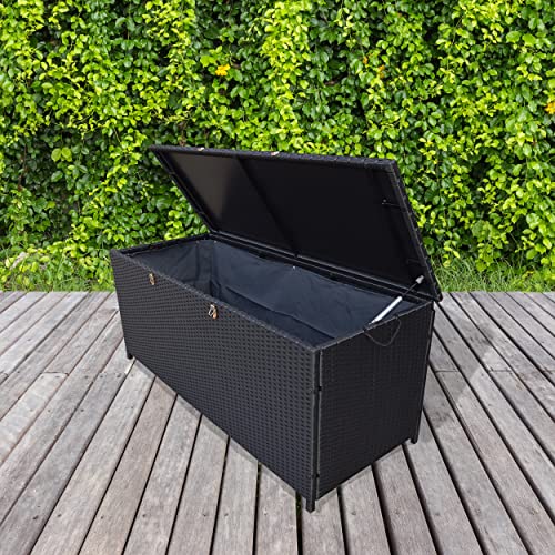 Image of Oakland Living Dark Black Indoor and Outdoor Balcony Patio Deck Porch Pool 113 Gallon Wicker Storage Box Trunk Bin with Metal Frame