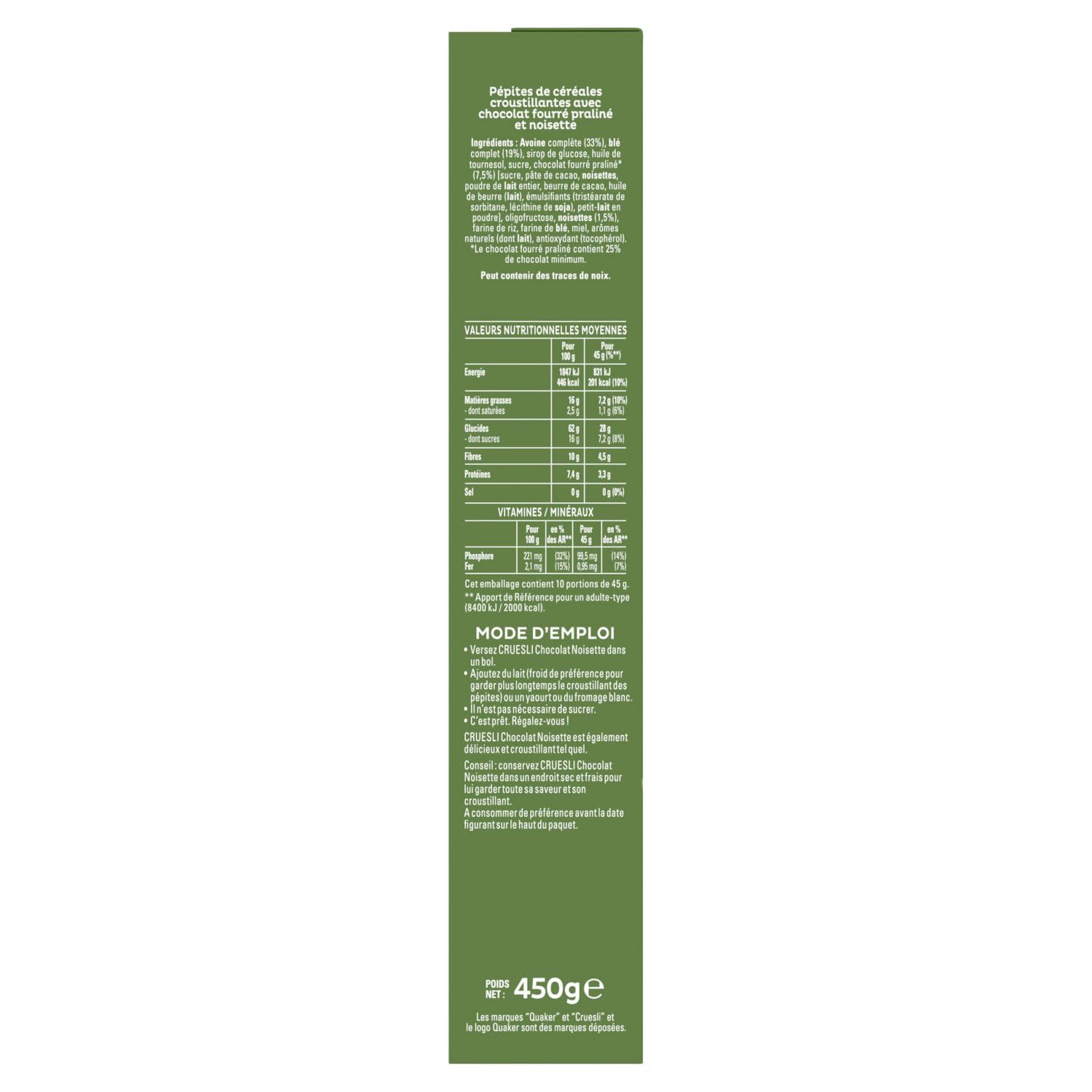 QUAKER Cruesli Céréales Chocolat Noisette - Lot de 12x450g