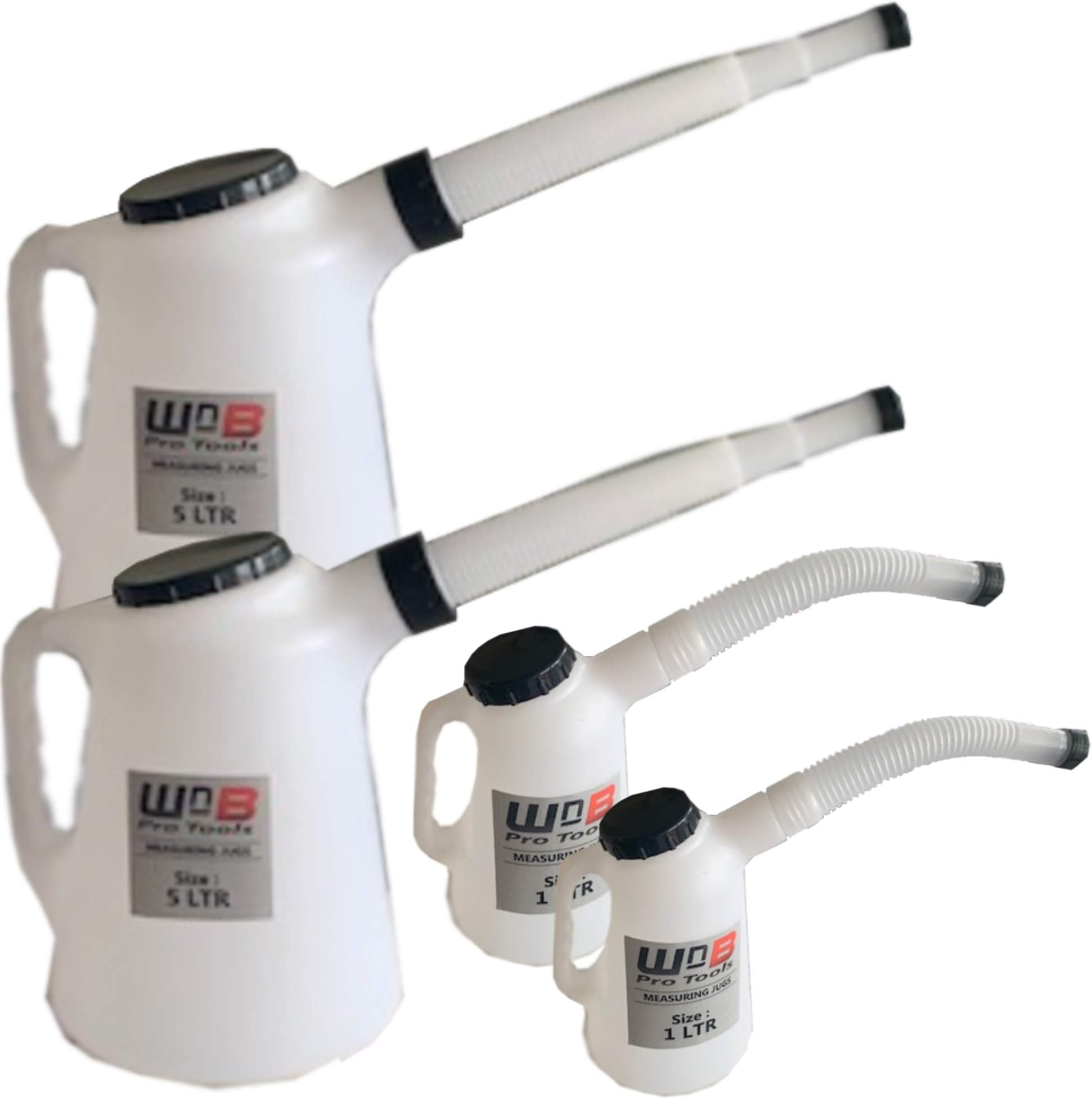 Wheels N Bits 2x 1 & 5 L Litre Measuring Jug with Flexi Spout Oil Fuel Anti Freeze Screen-wash Etc
