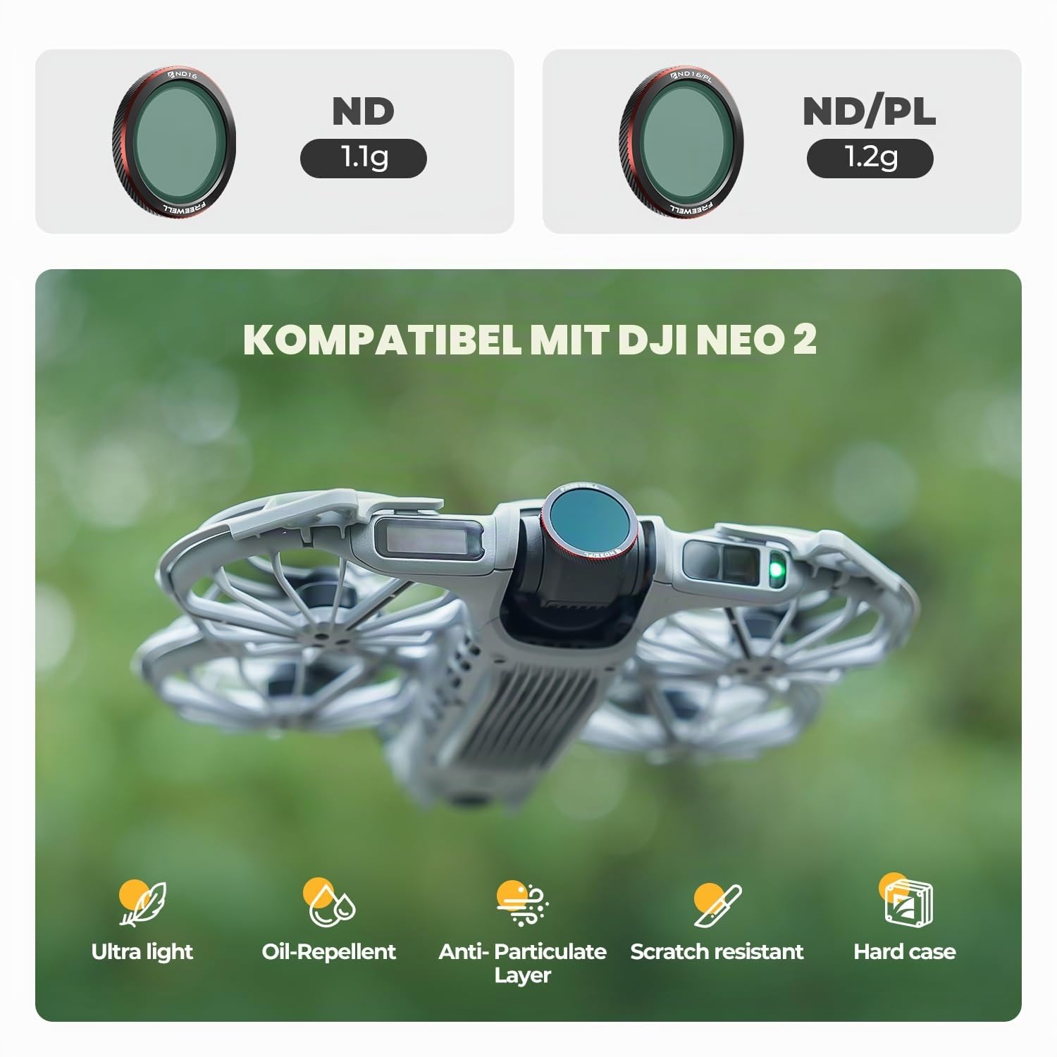 Freewell Magnetische ND-Filter für DJI Neo 2 – inklusive ND8, ND16, ND32 für präzise Belichtungssteuerung.