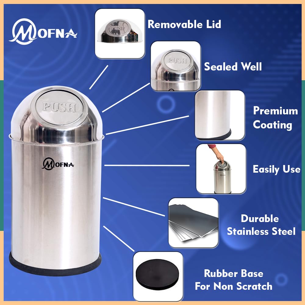 mofna Stainless Steel Push Can Dustbin Trash Can Paper Bin Round Shape use for Home, Office, Kitchen, Bathroom (8x16 Inch, 10 Liter, Silver) 1