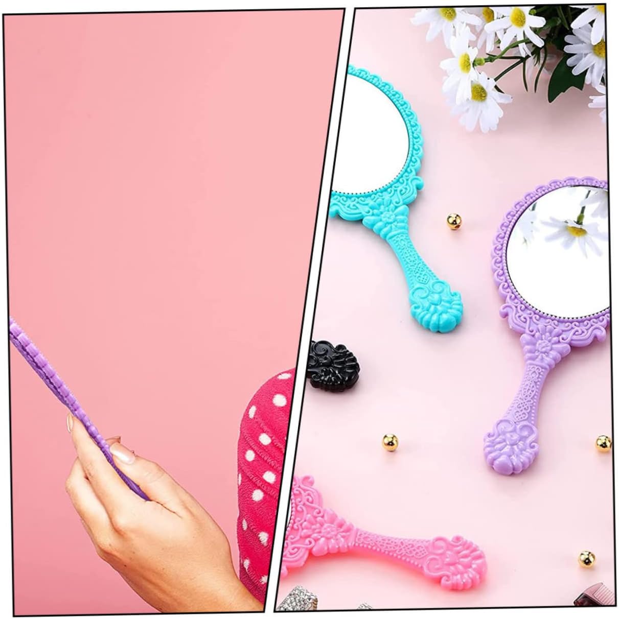 12Pcs Portable Handheld Makeup Mirrors Plastic Handle Round Travel Vanity Mirror for Women Compact Size for Pocket Use for-The-Go Touch-ups