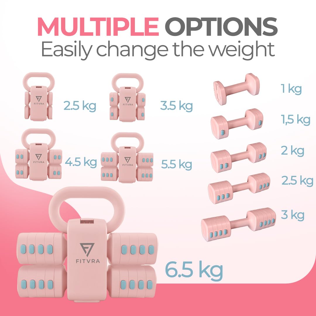 Regulowane hantle 2 w 1 + regulowane hantle kettlebell, zestaw ciężarków dla kobiet, różowy, 1-3 kg i 2,5-6,5 kg, z 3 elastycznymi paskami i prowadnicą