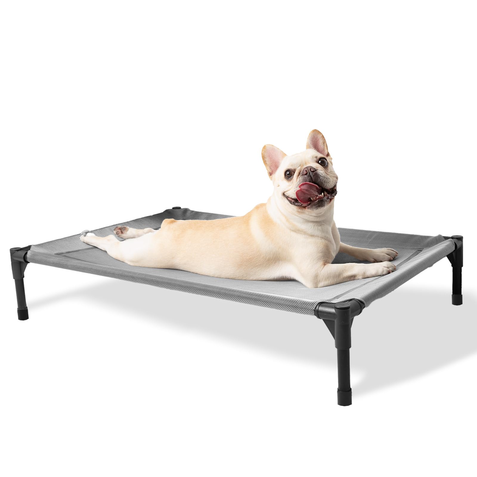Mora Pets Tumbona para perros al aire libre, cama elevada para perros pequeños, medianos y grandes, cama para perros en el jardín e interior, para camping, 94,5 x 61 x 18 cm, gris