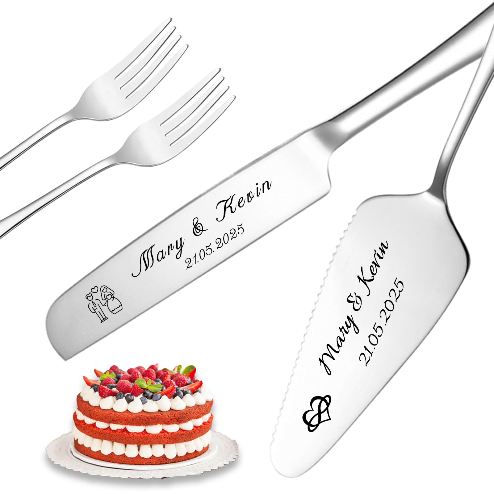 QSZ Personalised Engraved Wedding Cake Server with Names Text