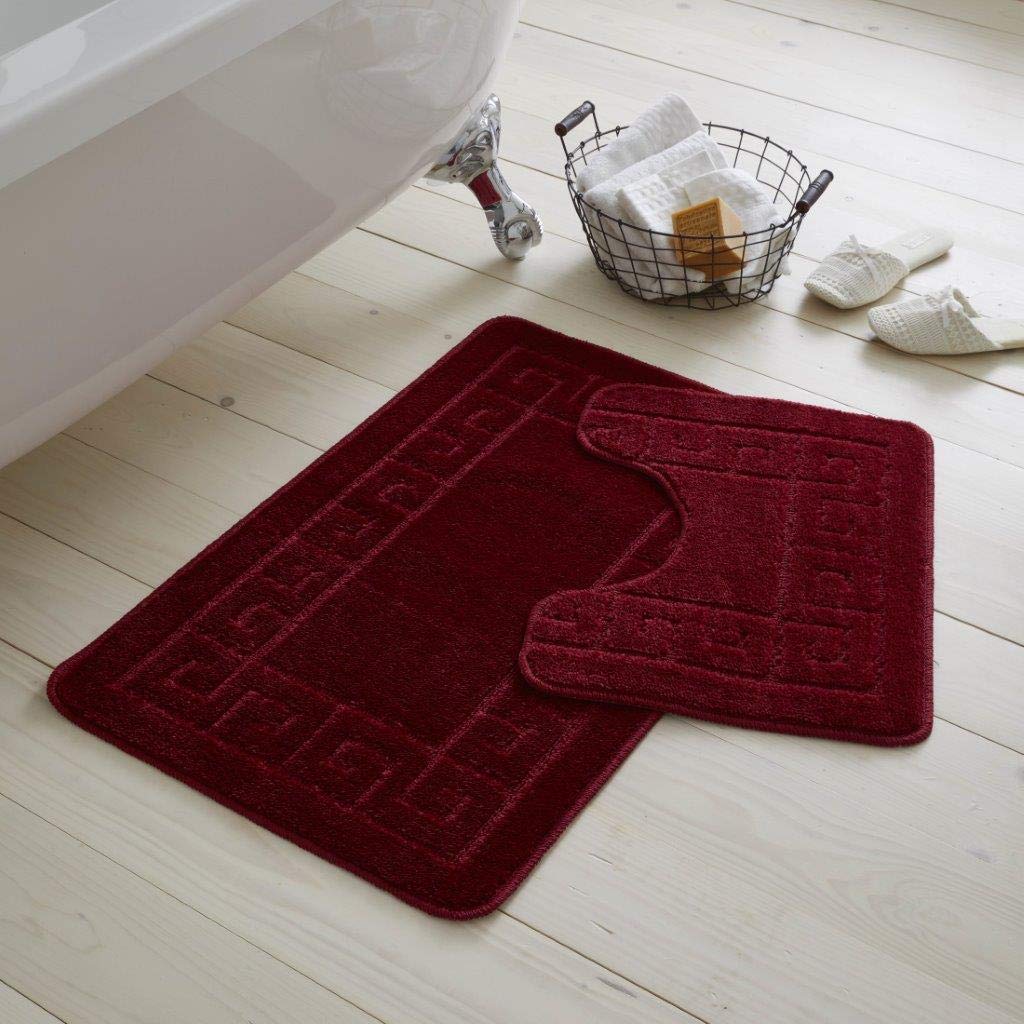 EHD Greek Design 2 Piece Bath Mat and Pedestal Mat Sets Non Slip Water Absorbent Regular Size Bathroom Rugs (Burgundy)