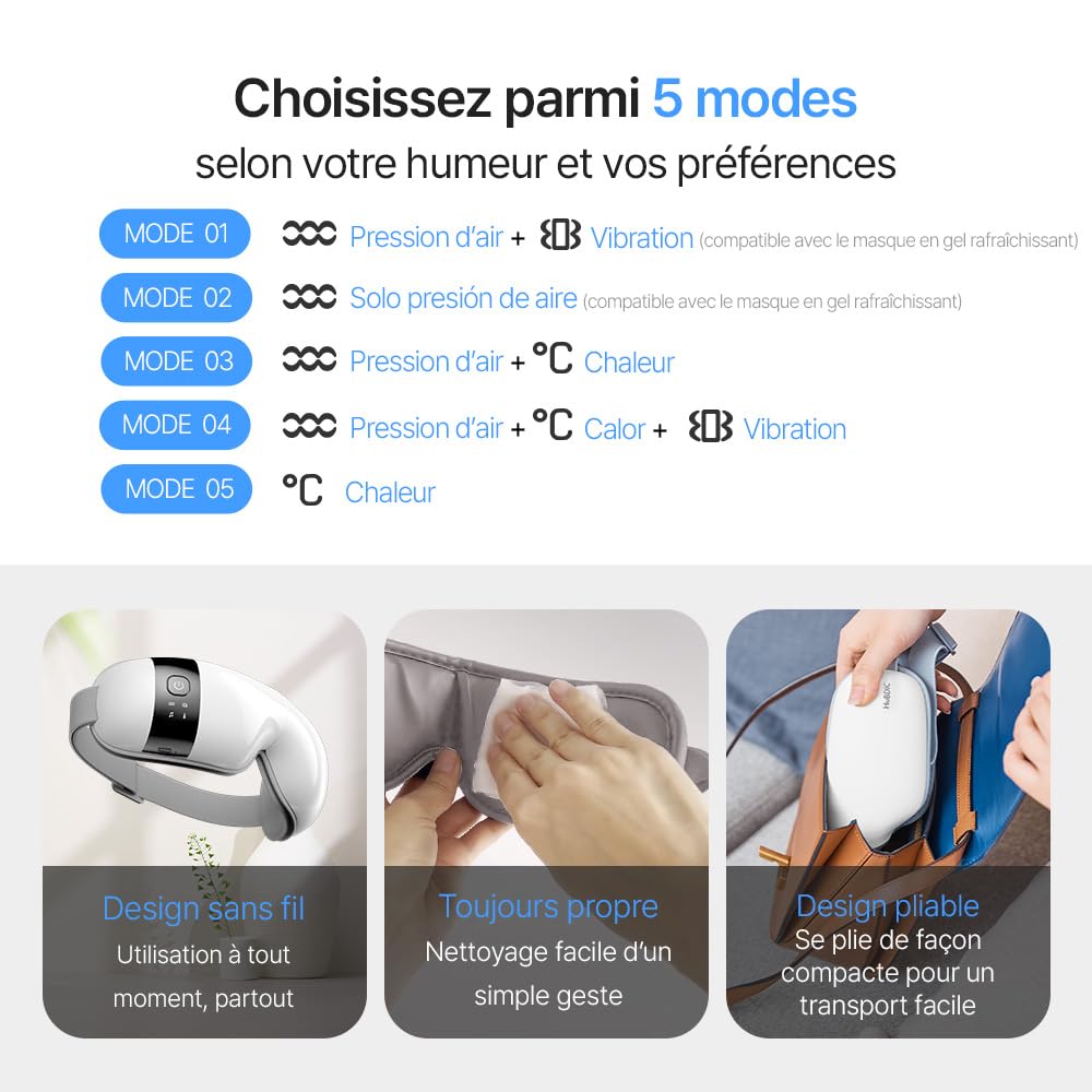 HubiCare Appareil de massage des yeux avec chaleur et refroidissement, massage à pression d'air 3D et vibration, musique Bluetooth, pour les yeux fatigués et les gonflements, pour se détendre avec