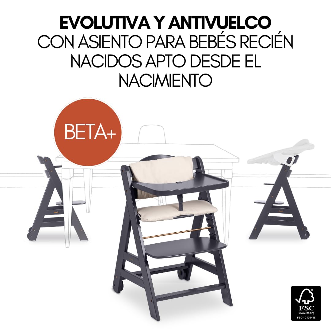hauck Trona Beta Newborn Set de Trona Evolutiva Bebe apta desde el Nacimiento, Tronas de Bebe Evolutiva con Hamaca, Cojín y Bandeja, Silla Bebe Madera - Melange Grey