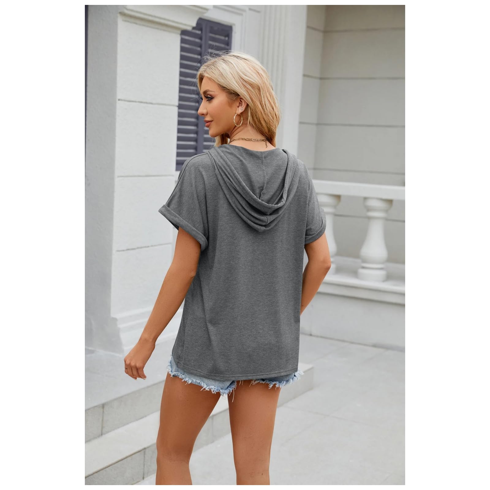 Camicia Donne Sciolte Casual Bottoni con Cappuccio Estate Top-Shirt