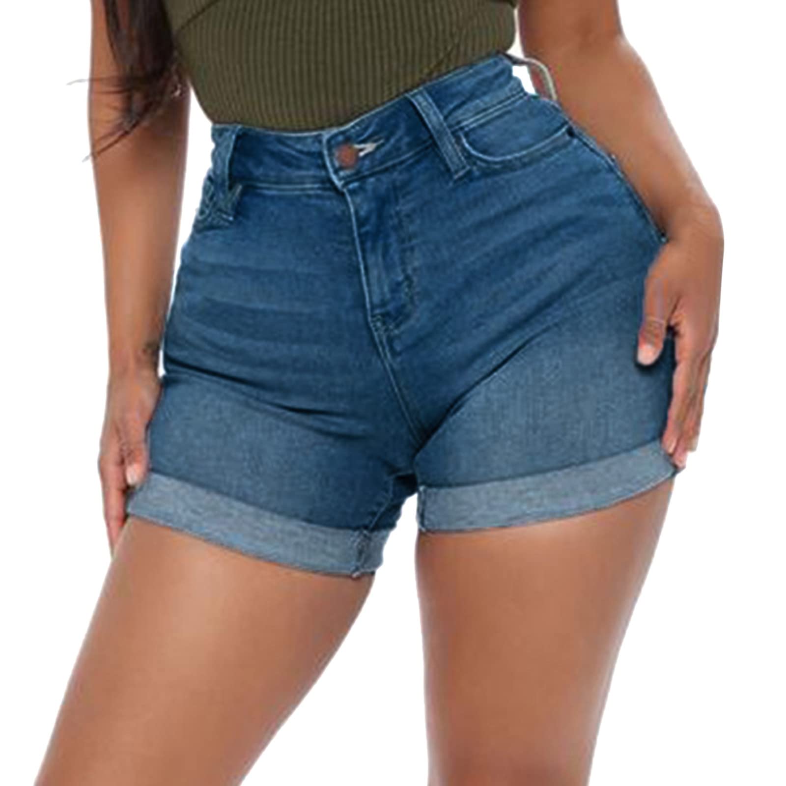 2024 New 9K-Style Denim Shorts for Women Stretchy Frayed Casual Pants Mid Waisted Short Hair with Wigs for Women