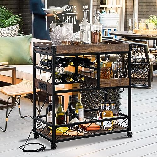Bar-Cart-with-Power-Outlet-Industrial-Kitchen-Serving-Cart-with-Wine-Rack-Glass-Holder-Coffee-Bar-Table-Station-with-Storage-Rolling-Cart-on-Wheels-with-59IN-Cord-Brown Bar Cart with Power Outlet Industrial Kitchen Serving Cart with Wine Rack Glass Holder Coffee Bar Table Station with Storage Rolling Cart on Wheels with 59IN Cord Brown