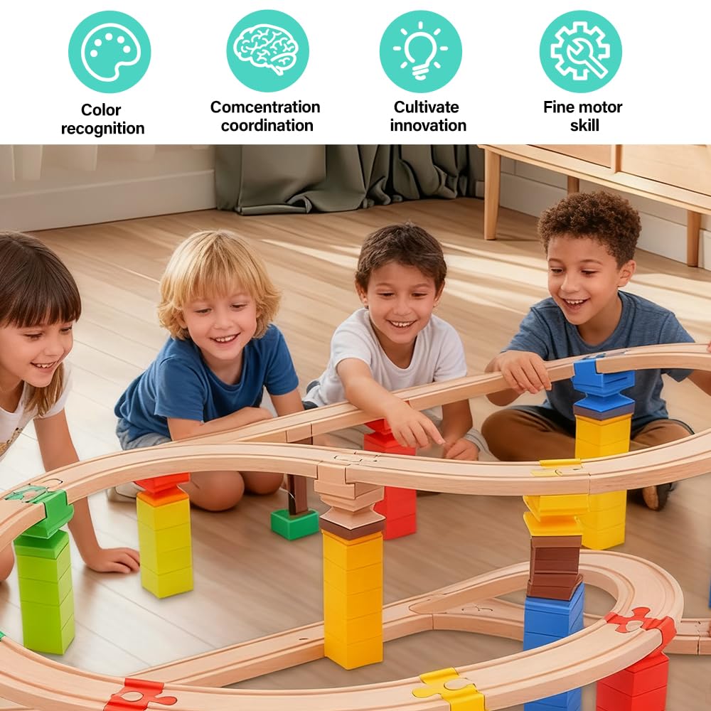 Train en Bois Enfant Accessoires de Rail en Plastique, 28 Pièces Adaptateurs De Pont Compatibles, Adaptateurs de Rails en Bois Universels, Convient pour Les Enfants Agés de 3 à 7 Ans
