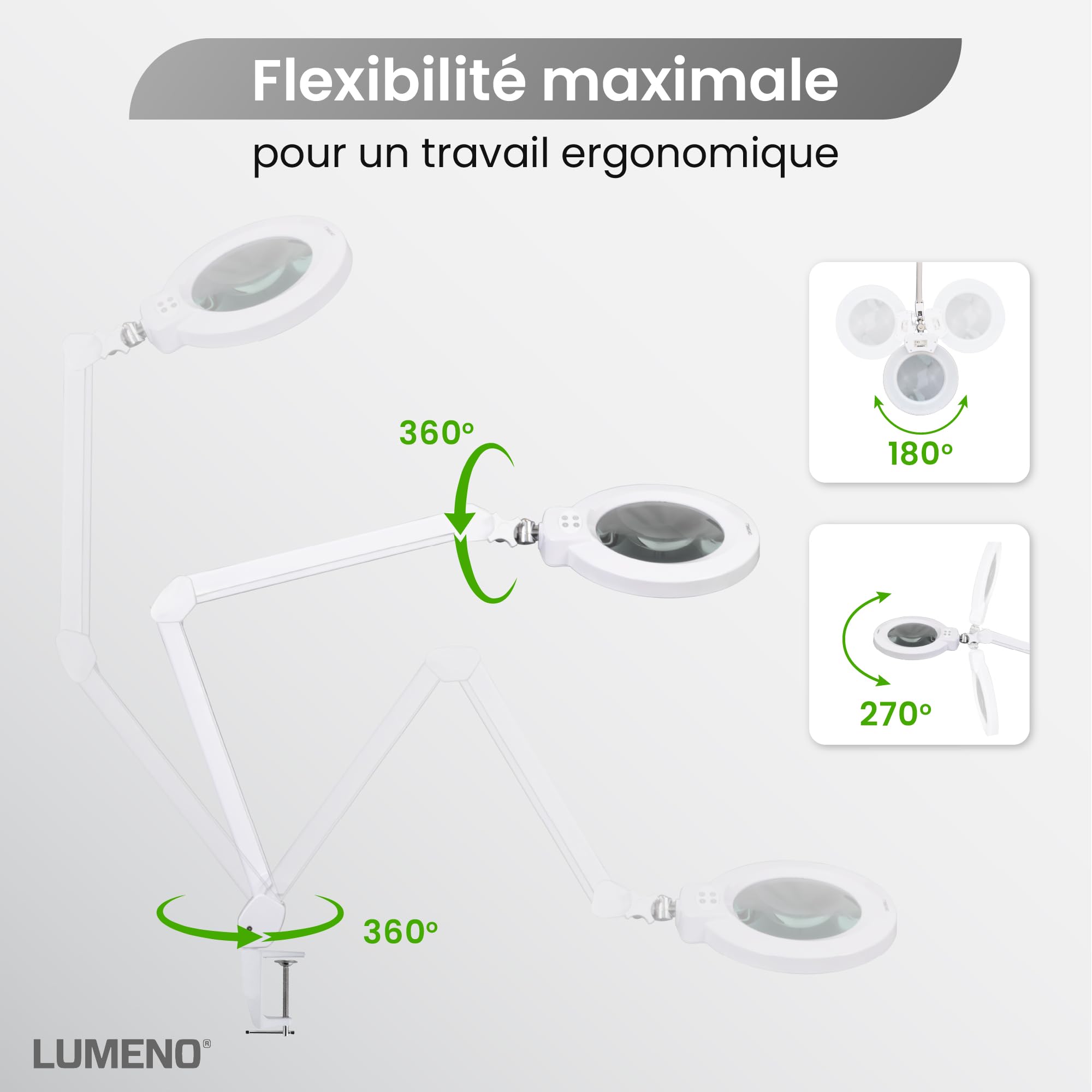 Lumeno 8243PRO Lampe loupe LED avec grande lentille en verre 177 mm, dimmable avec interrupteur à segments et boîtier métallique robuste, pour les travaux manuels, le cabinet de pédicure, 3 dioptries