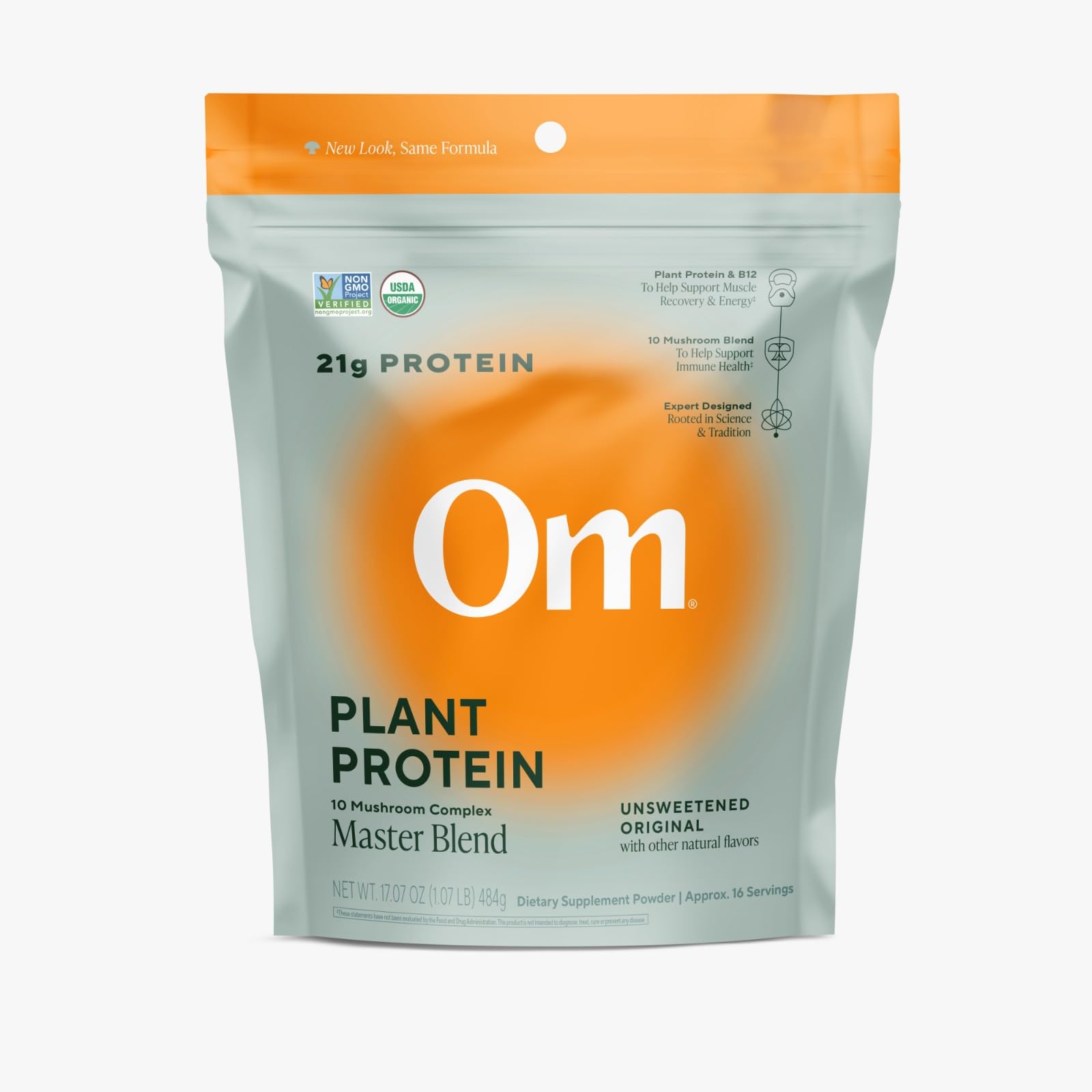 OM MUSHROOM SUPERFOOD Master Blend Vegan Protein – Unflavored Plant Protein with 10 Mushrooms, Ashwagandha, BCAAs & B12 – Energy, Recovery & Immune