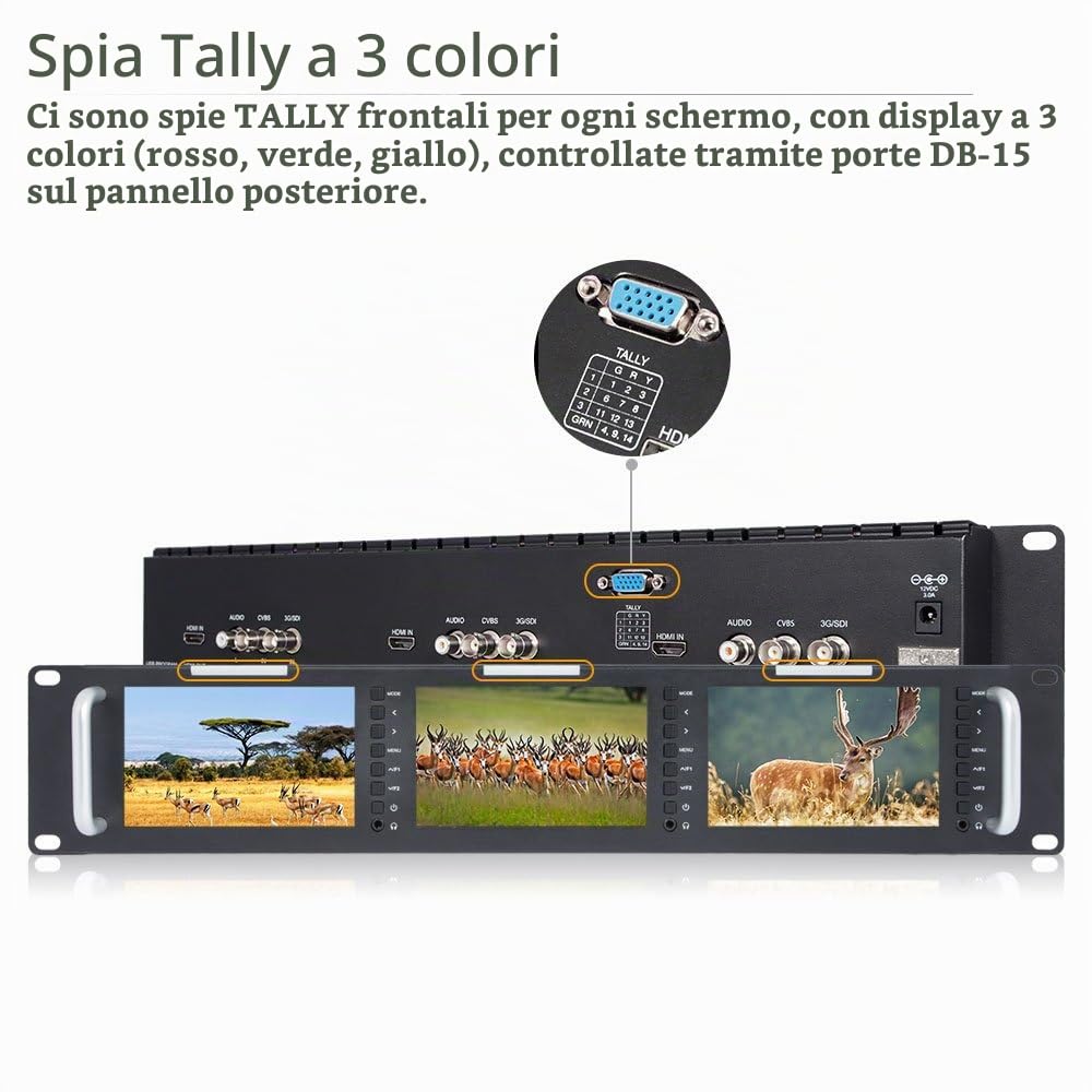 FEELWORLD T51Triple 5 pollici 2RU Broadcast Rack Mount Monitor LCD 800×480 con ingresso e uscita 3G-SDI HDMI AV