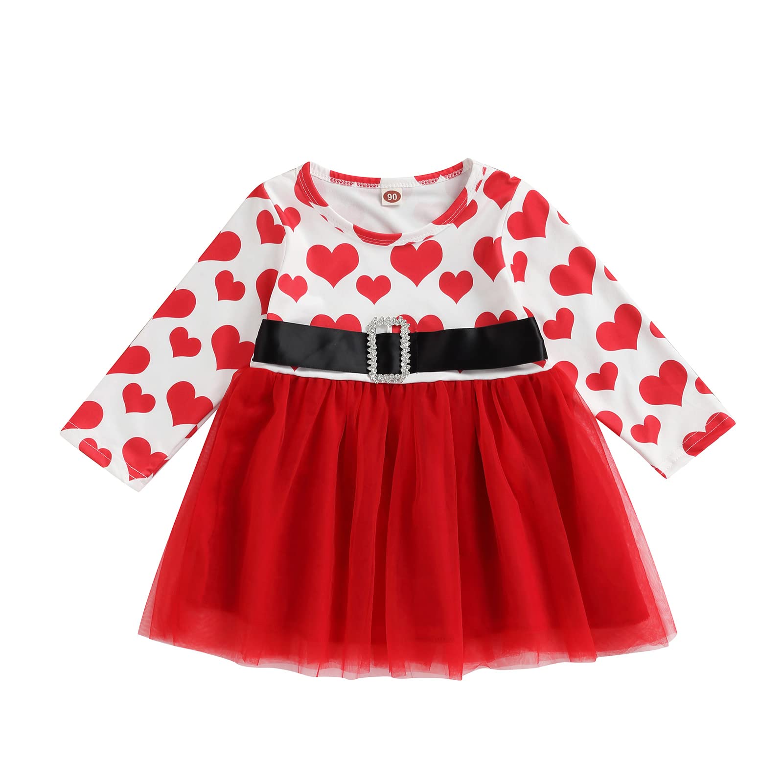 Toddler Baby Girl Valentine's Day Dress Ruffle Long Sleeve Heart Print Tulle Tutu Princess Party Dress (A-White, 3-4T)