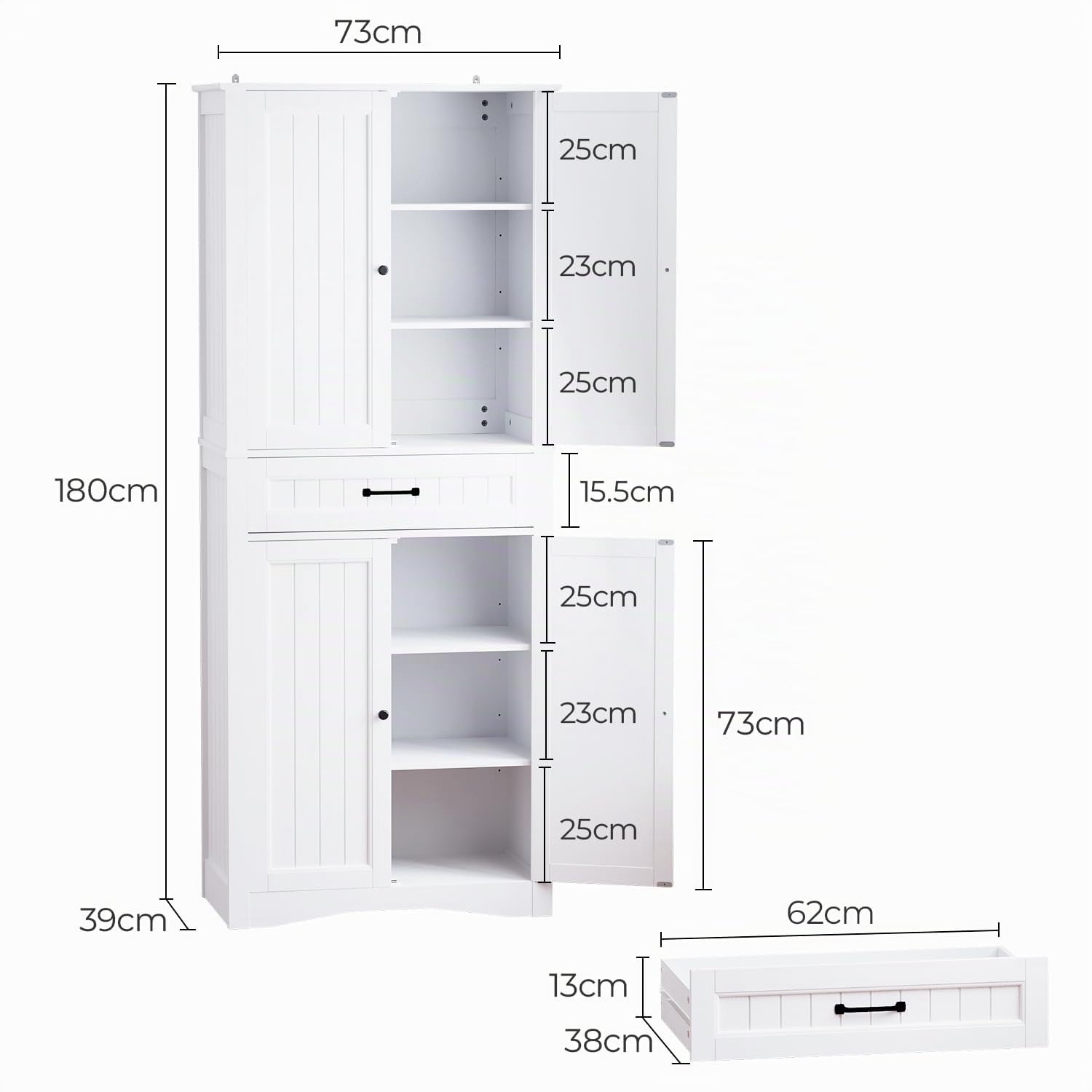 Buffet de Cuisine, Haute Crédence, Unité de Rangement avec 4 Portes et 1 Tiroir, Grande capacité, Étagères Réglables, pour Salon, Salle à Manger, Couloir, Style Moderne (72x40x182 cm) (Blanc)