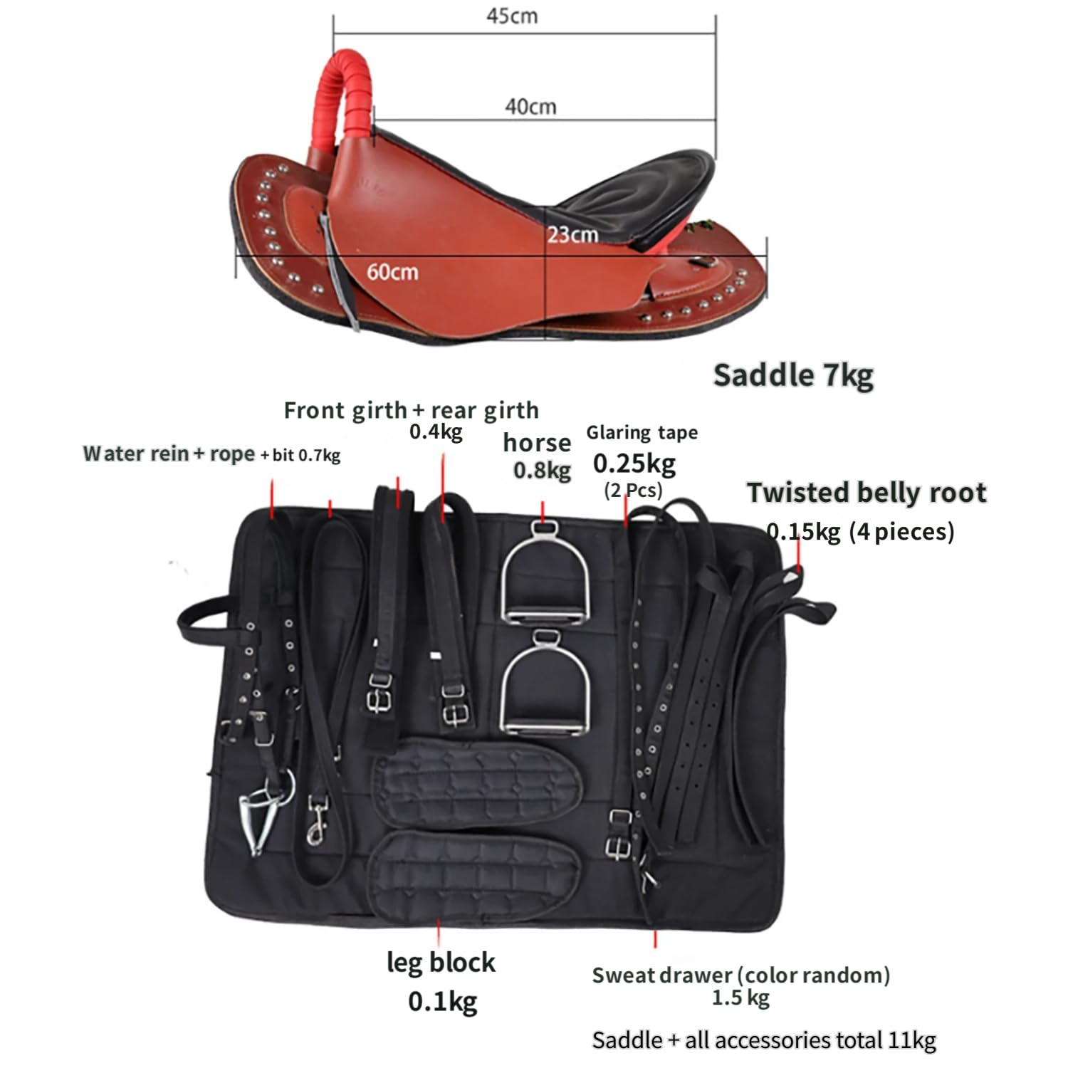 NILoykg& Sella di Cavallo turistico in Pelle Set Completo, Sella di Equitazione Durevole con Assorbimento degli Urti e Design Antiscivolo, Kit Completo di tack,Marrone,L