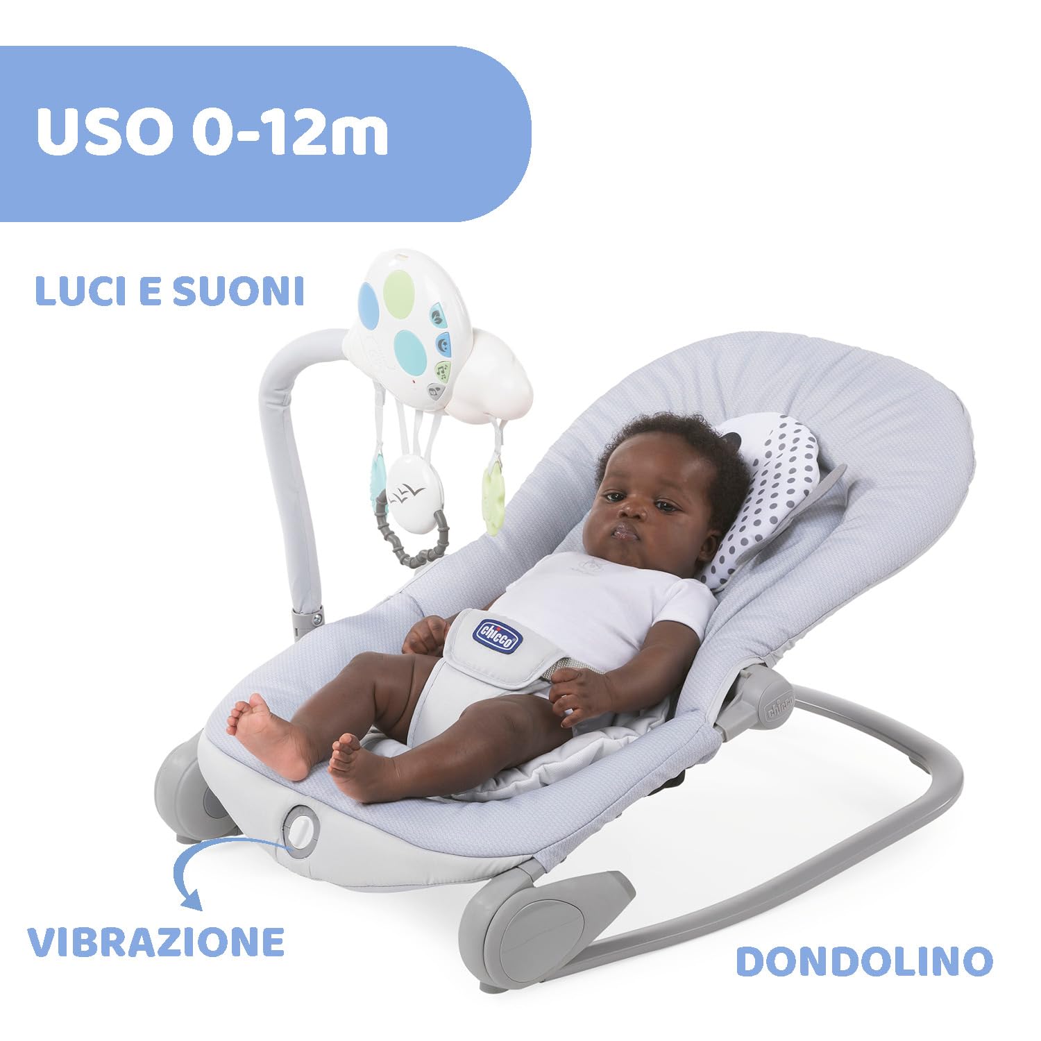 Chicco Balloon Sdraietta Neonati e Bambini Evolutiva 0 M-18 kg, Funzioni Dondolo e Poltroncina, Schienale Reclinabile, Chiusura Compatta, Vibrazione, Gioco Elettronico Interattivo, Luci e Suoni