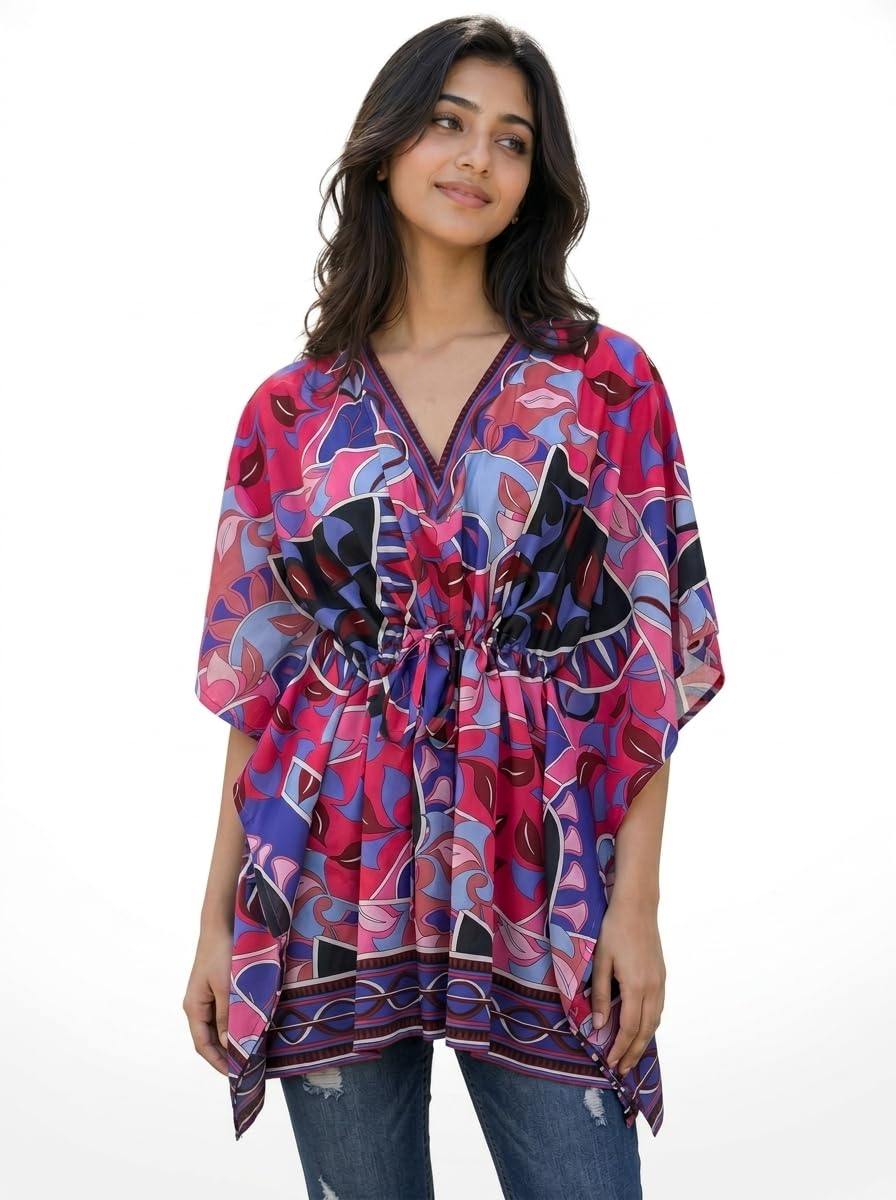 hive91 Women's Multicolor Abstract Print Poly Crepe Kaftan | Batwing Sleeve Beach Resort Wear-picture-1
