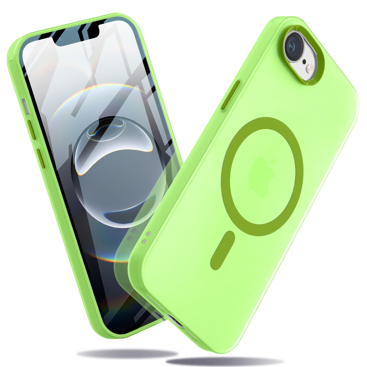 iPhone 16e ケース magsafe対応 半透明 耐衝撃 スマホケース あいふおん16e PC背面TPUバンパー 指紋防止 滑り止め マグネット搭載 ワイヤレス充電 耐久性 黄ばみなし ストラップホール付き 6.1インチ (グリーン)