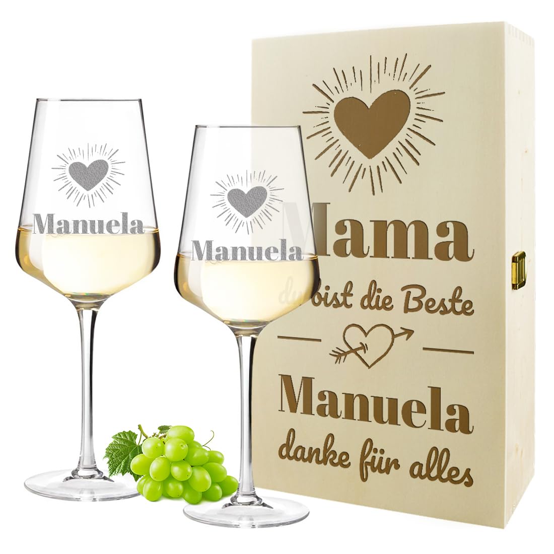 polar-effekt Wein Geschenkset 2x Weingläser 560 ml & Holzkiste mit Gravur für Mama - Geschenk zum Muttertag & Geburtstag - Gläser für Rotwein & Weißwein