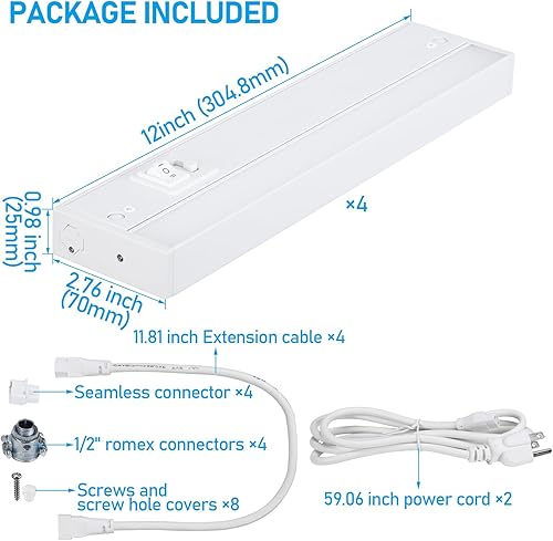 Miniatura 8 de TORCHSTAR Iluminación LED para debajo del gabinete, 3CCT, 12 pulgadas, 8 W, 540 lm, cableado y enchufable, 3 colores seleccionables, CRI90 120 V,