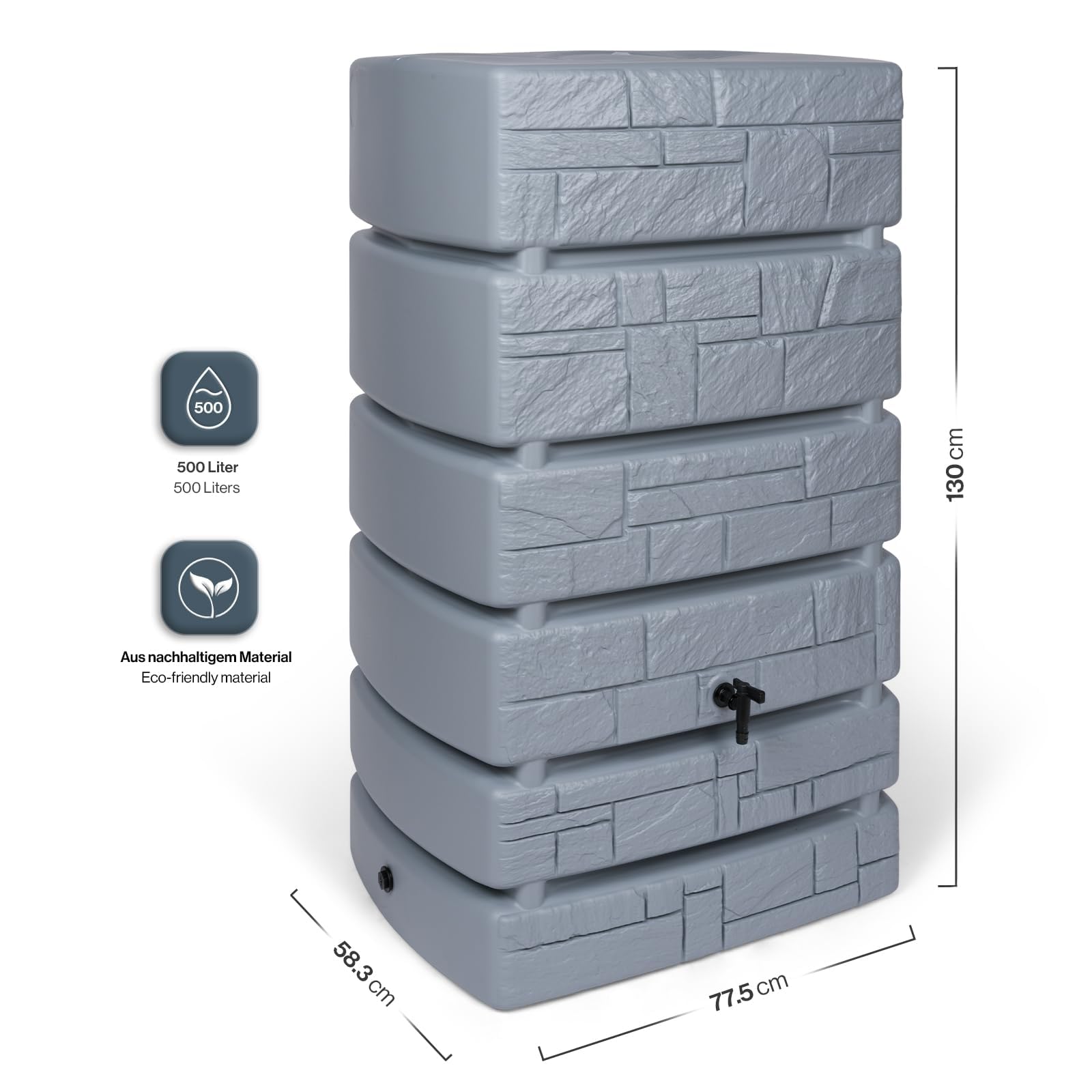 Kreher Récupérateur d'eau XXL Tower Stone avec robinet. Superbe aspect pierre anthracite/gris, volume d'utilisation de 500 litres. Dimensions (l x p x h) : 77,5 x 58,3 x 130 cm (gris)