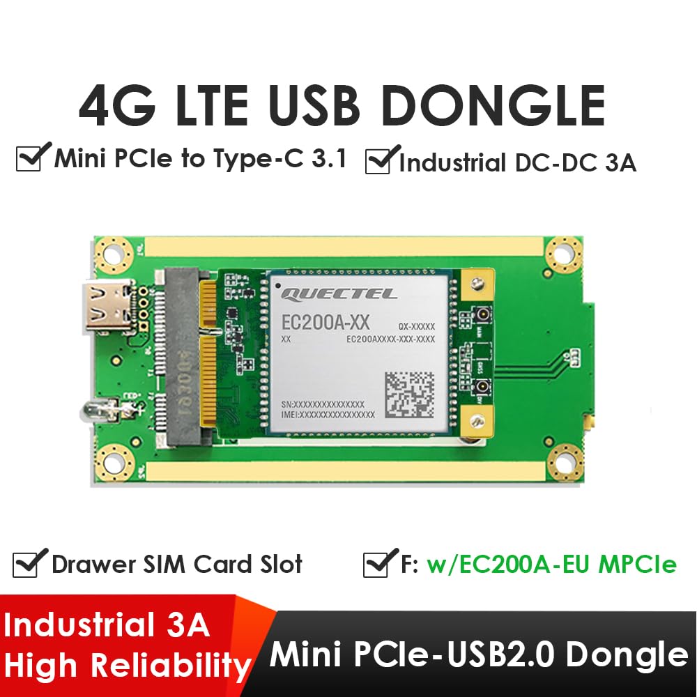 EXVIST Dongle 4G LTE avec Module EC200A-EU Mini PCIe LTE Cat 4, Double antennes externes, Fente SIM de tiroir, Adaptateur Mini PCIe vers Type-C intégré, câble de Type C vers USB, Pilotes requis