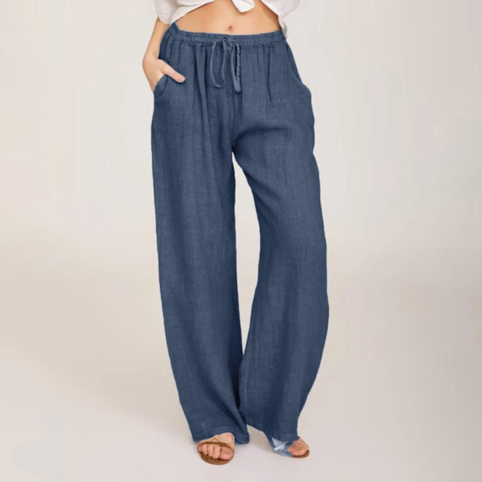 Cotton Linen Pants for Women Summer Drawstring Wide Leg Trousers High Waist Casual Palazzo Pants with Pockets - 2