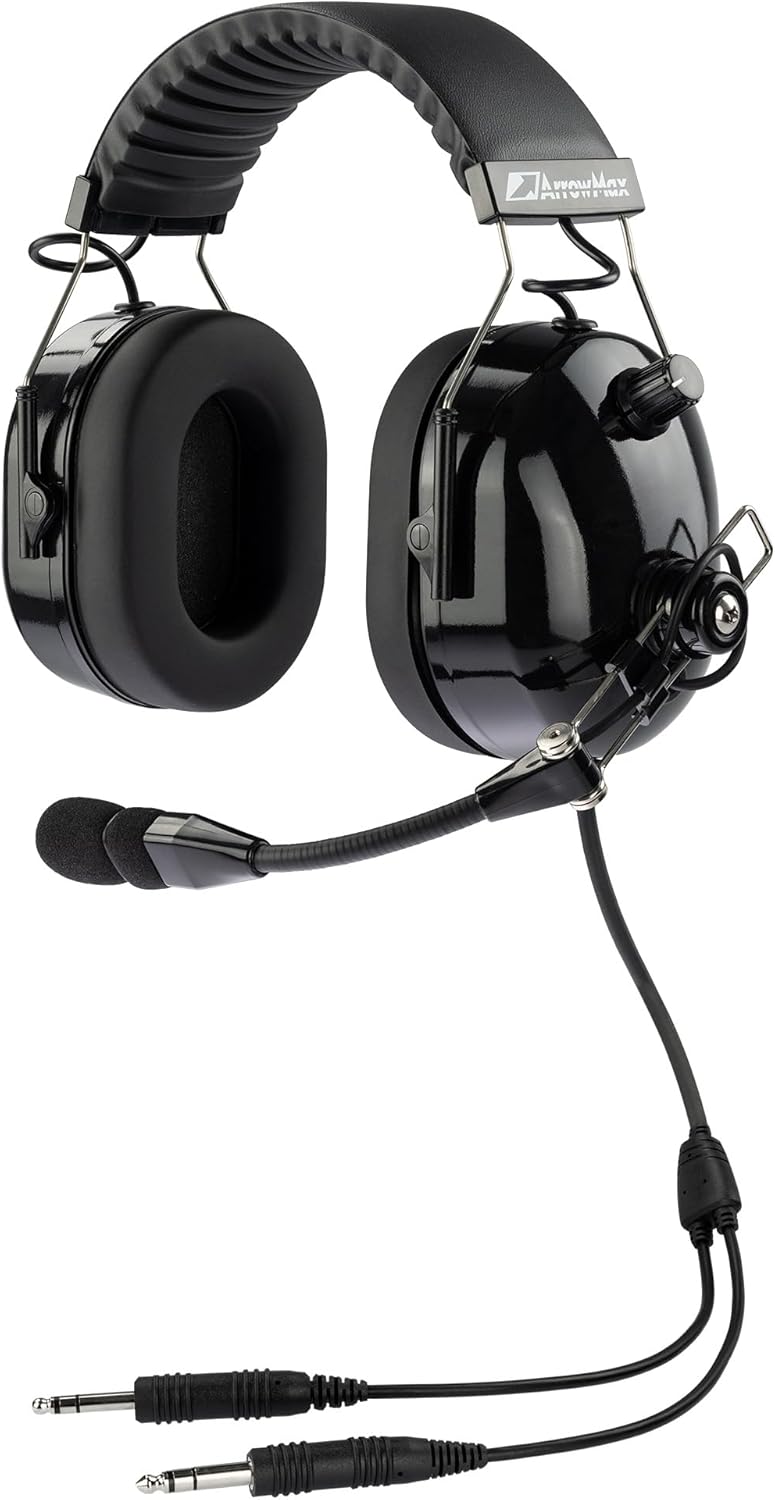 Arrowmax AHDH0042A-BK-GA General Aviation Headset for Student Pilots Passenger Features Passive Noise Reduction PNR Adjustable Headband Switchable Mono-Stereo Cancelling MIC GA Dual Plug