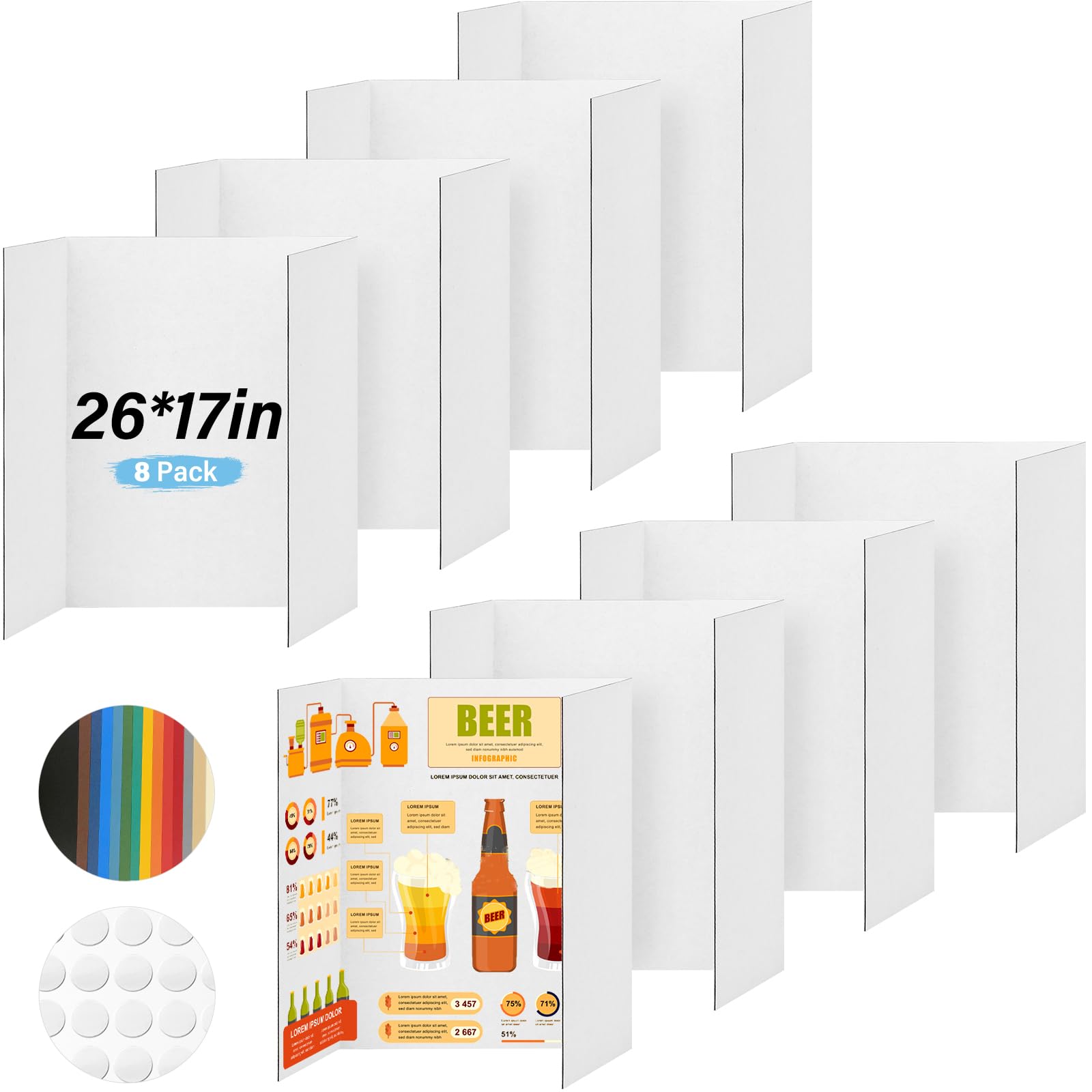 8 Pcs Trifold Poster Board, 26x17 inches White Poster Board Comes With Sticky Accessories, Corrugated Presentation Boards, Display Board for School Projects, Business Presentations, 8 Count