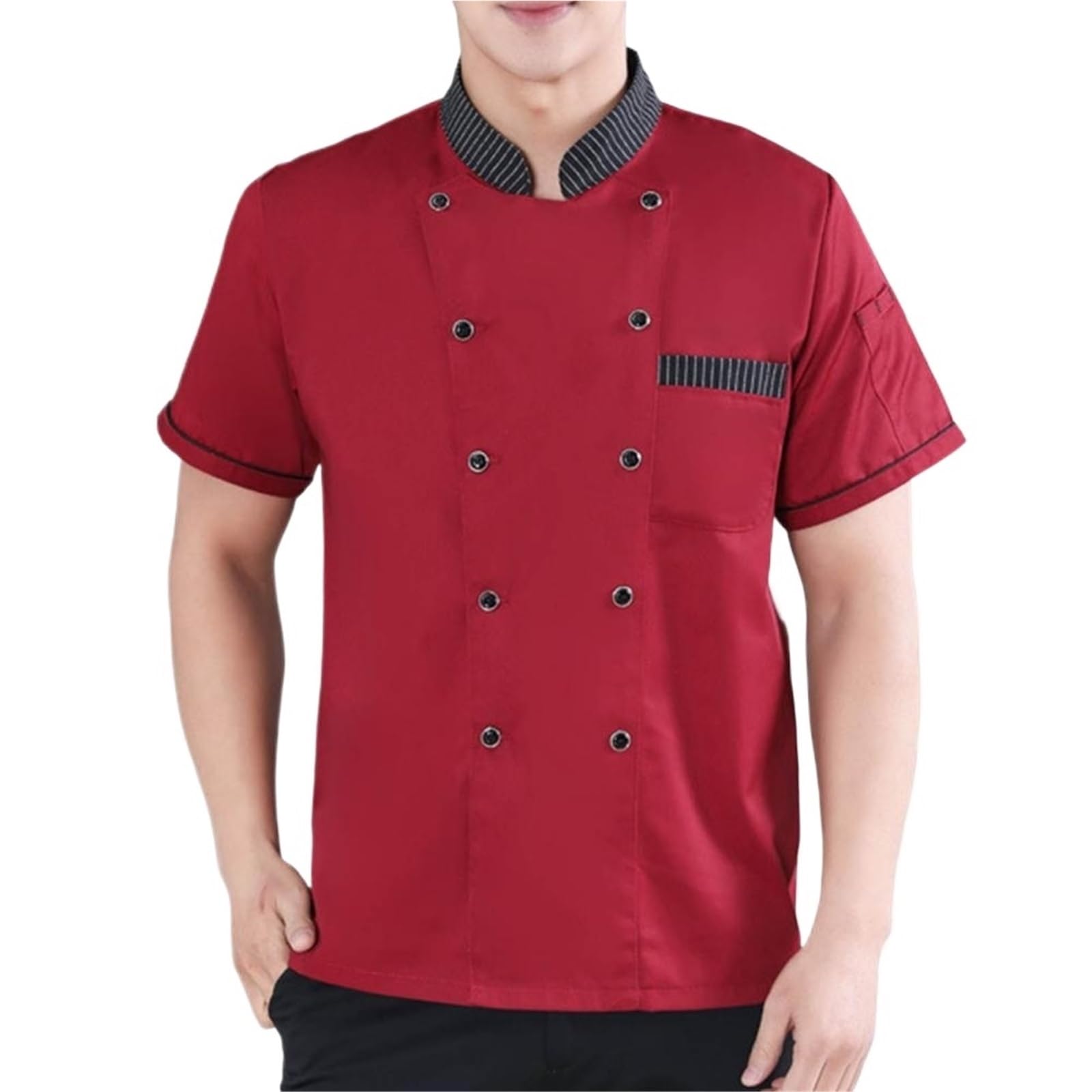 Chef Uniform Stand Collar Short Sleeve Double Breasted Patch Pocket Women Men Service Bakery Breathable Shirt Work Clothing for restaurant chefs(Red,M)