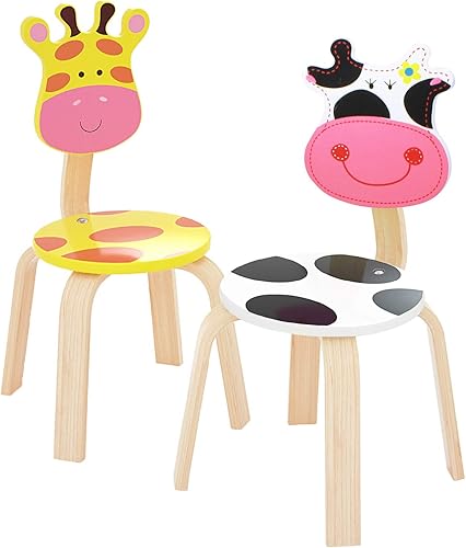 iPlay iLearn Juego de 2 sillas de madera para niños sillas de jirafa y vaca de madera dura juego de muebles para niños pequeños niñas apilables para
