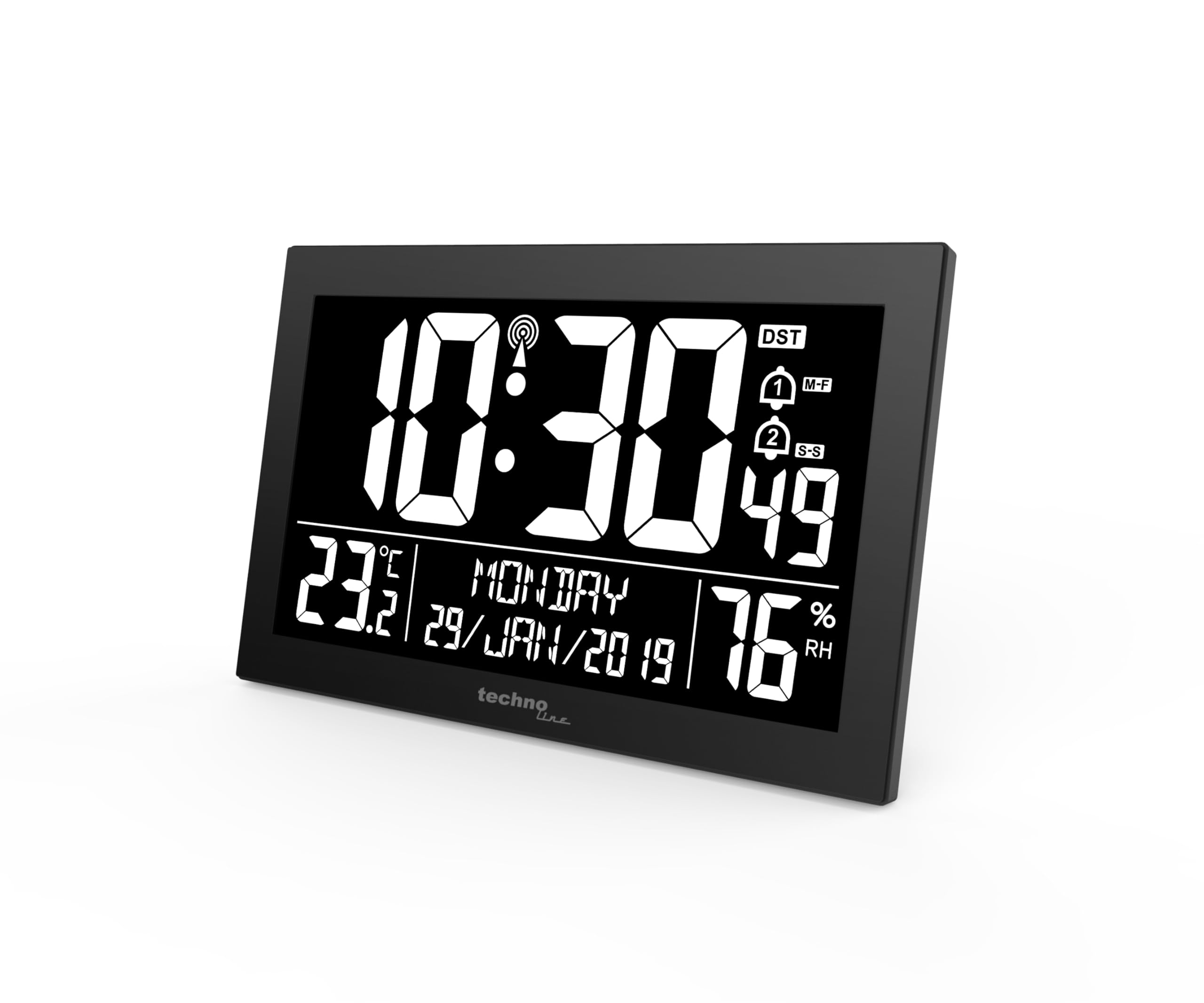 Technoline WS 8017 - Orologio da parete radiocontrollato da tavolo, con temperatura, febbre dell'aria, data, giorno, 2 allarmi