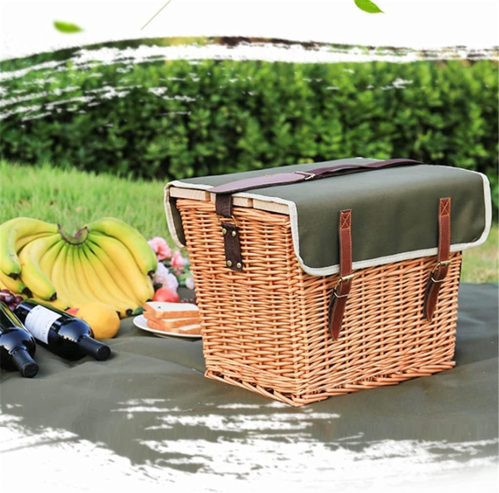 Rattan Picnic Basket Set with Shoulder Strap - Portable Insulated Outdoor Picnic Box with Cover & 4-Piece Camping Tableware
