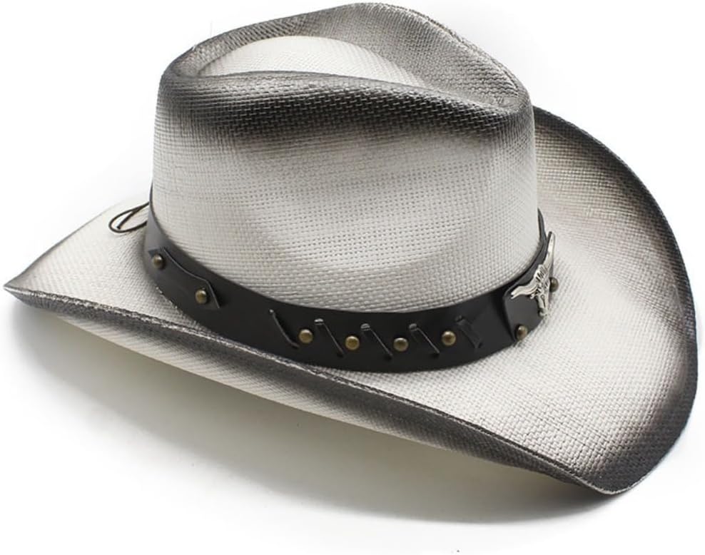 Western Cowboy Hat with Longhorn Bull Leather Band, Brown Straw, Wide Brim