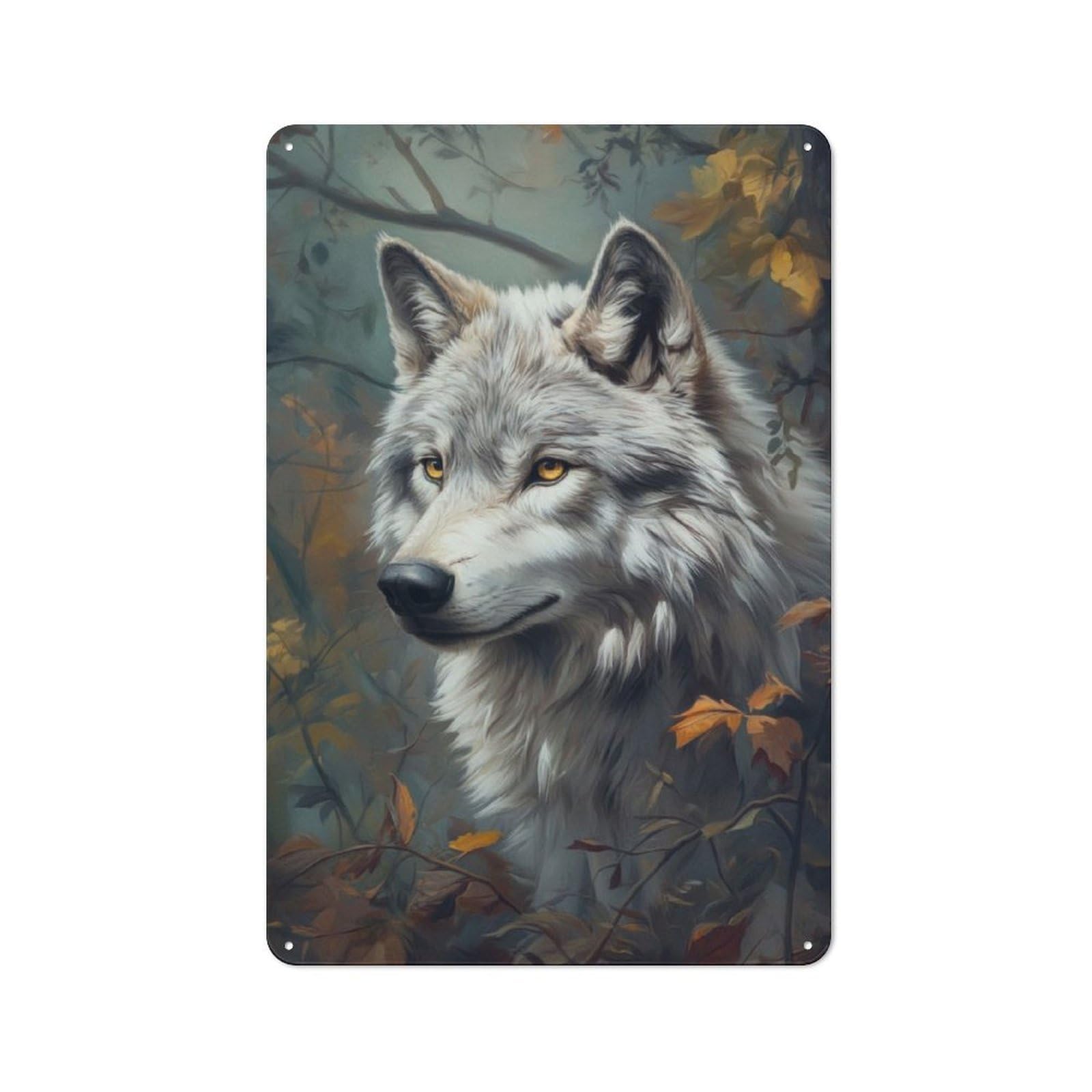 Junmoney Wolf In Autumn Forest Metal Plaque 30X20cm With For Pub Or Café, Retro Decor, For Pub Decor Enthusiasts Refreshing A Room In Autumn