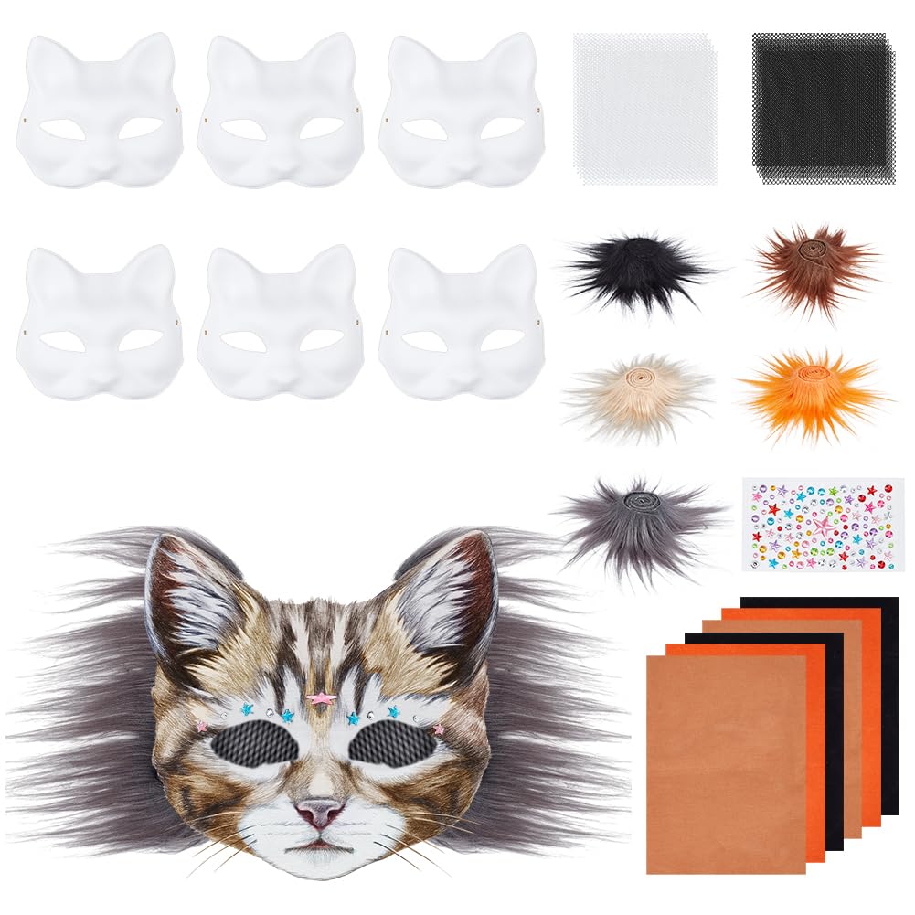 BENECREAT DIY Therian Kit with 5 Faux Fur Strips 6 Blank Cat 6 Felt Fabric Sheet and 12 Plastic Eye Mesh, Therian Gear Stuff for Masquerade Cosplay Party Halloween, Orange & Black