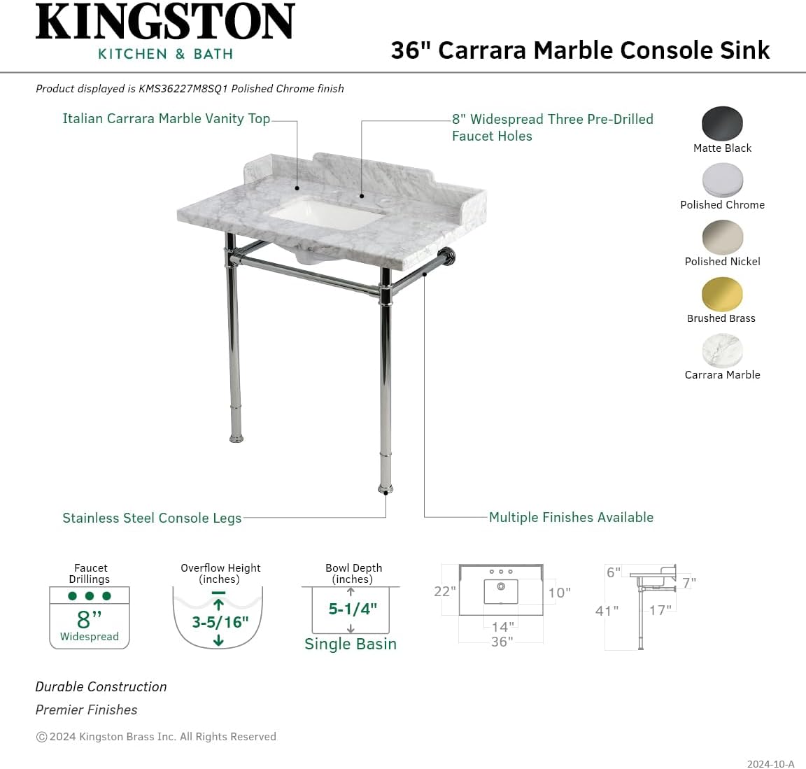 Kingston Brass KMS36227M8SQ6 Wesselman 36" Carrara Marble Console Sink with Stainless Steel Legs (8-Inch, 3-Hole), Carrara White/Polished Nickel